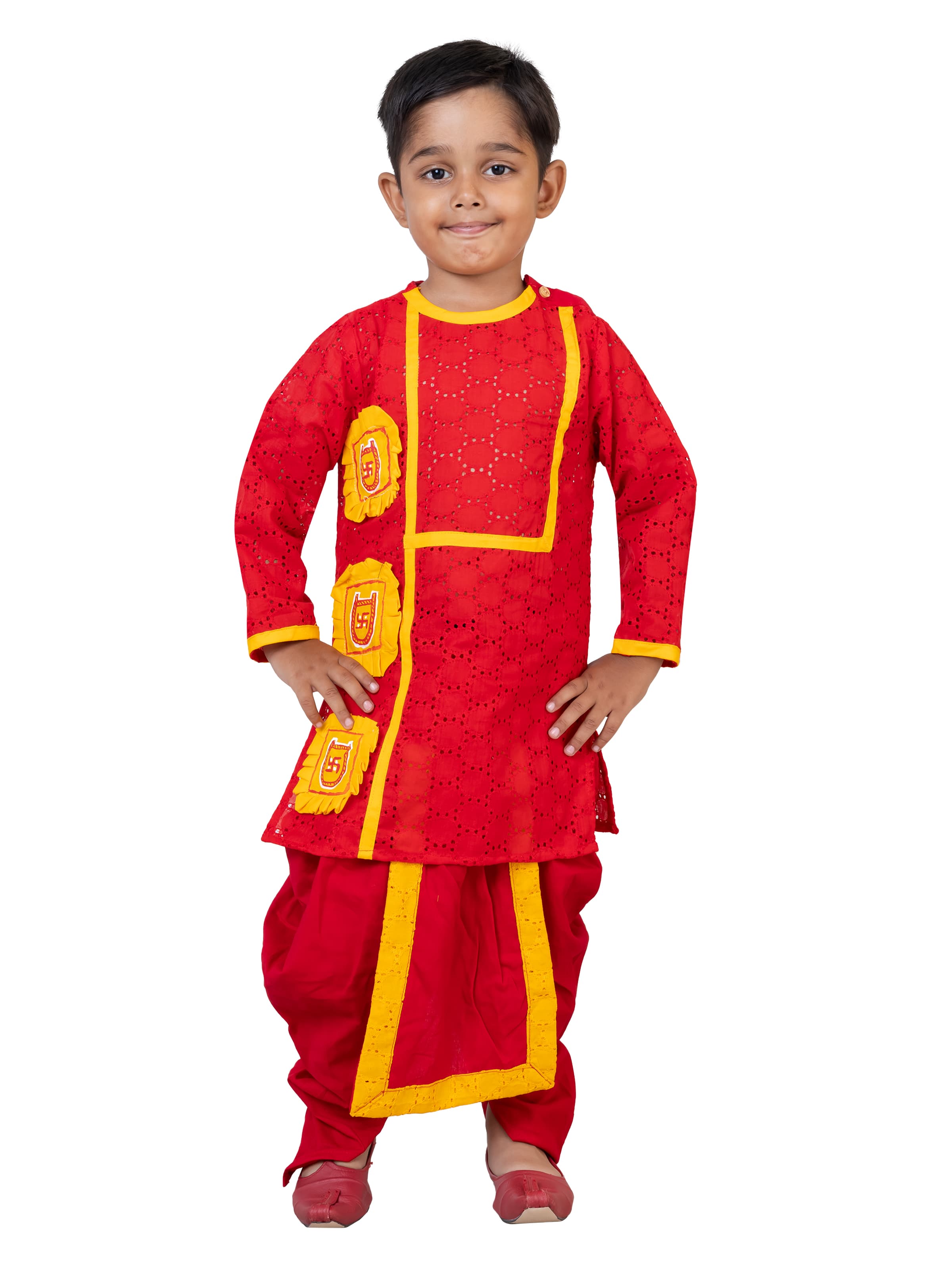 Red Pure Handloom Work Hakoba Kids Kurta Dhoti Pant From Bengal