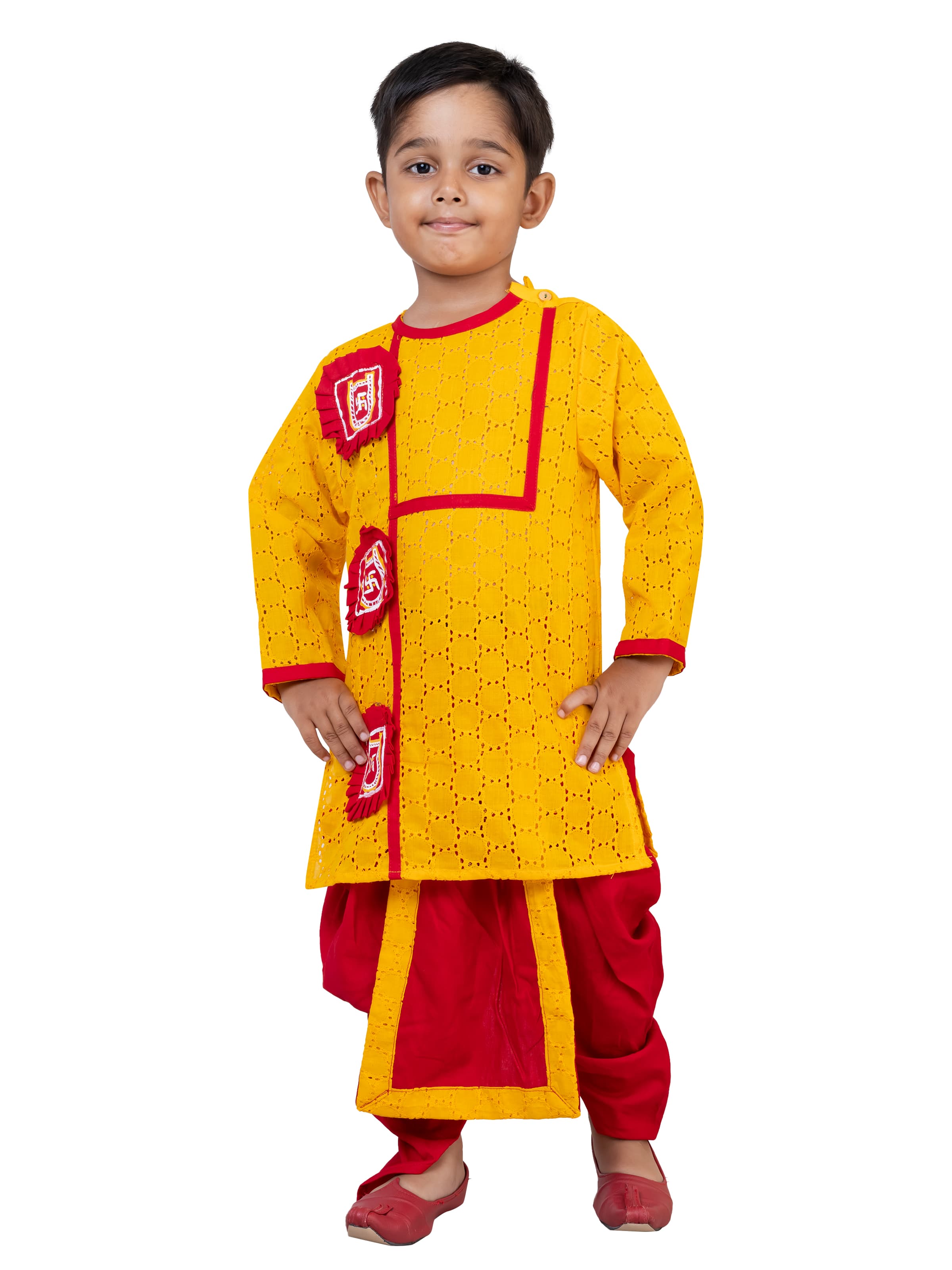 Yellow Pure Handloom Work Hakoba Kids Kurta Dhoti Pant From Bengal