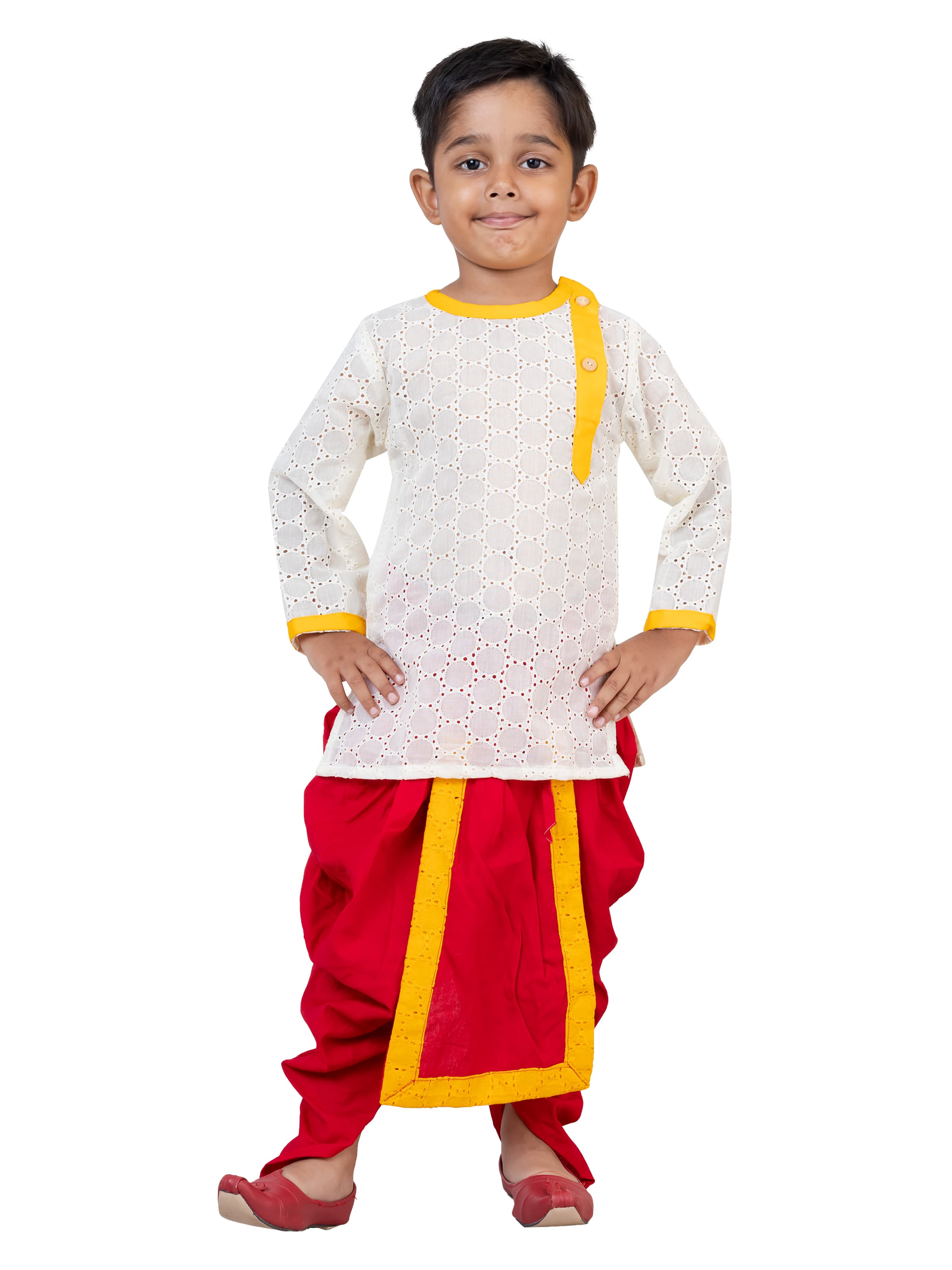 White Pure Handloom Work Hakoba Kids Kurta Dhoti Pant From Bengal