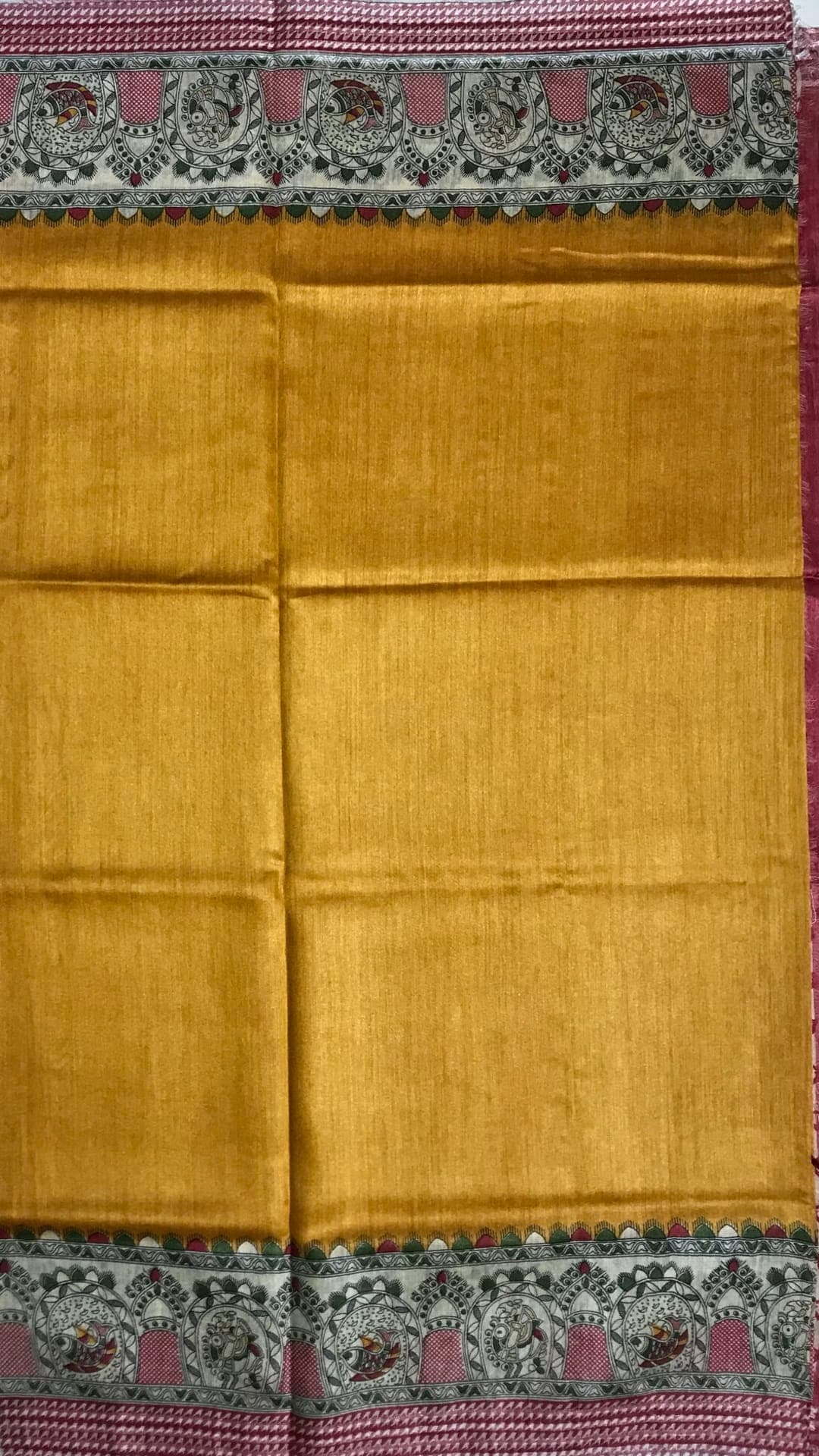 Musturd tussar munga silk with madhubani print
