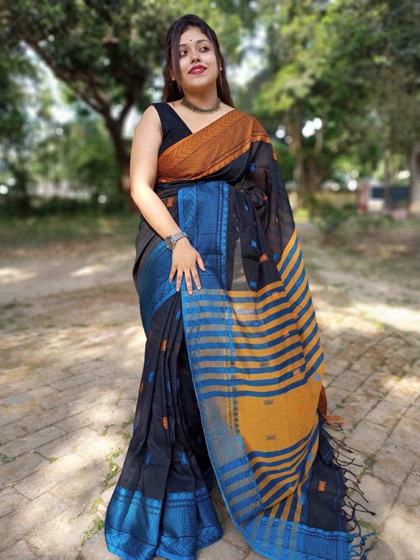 Black Butta Cotton Saree From Bengal