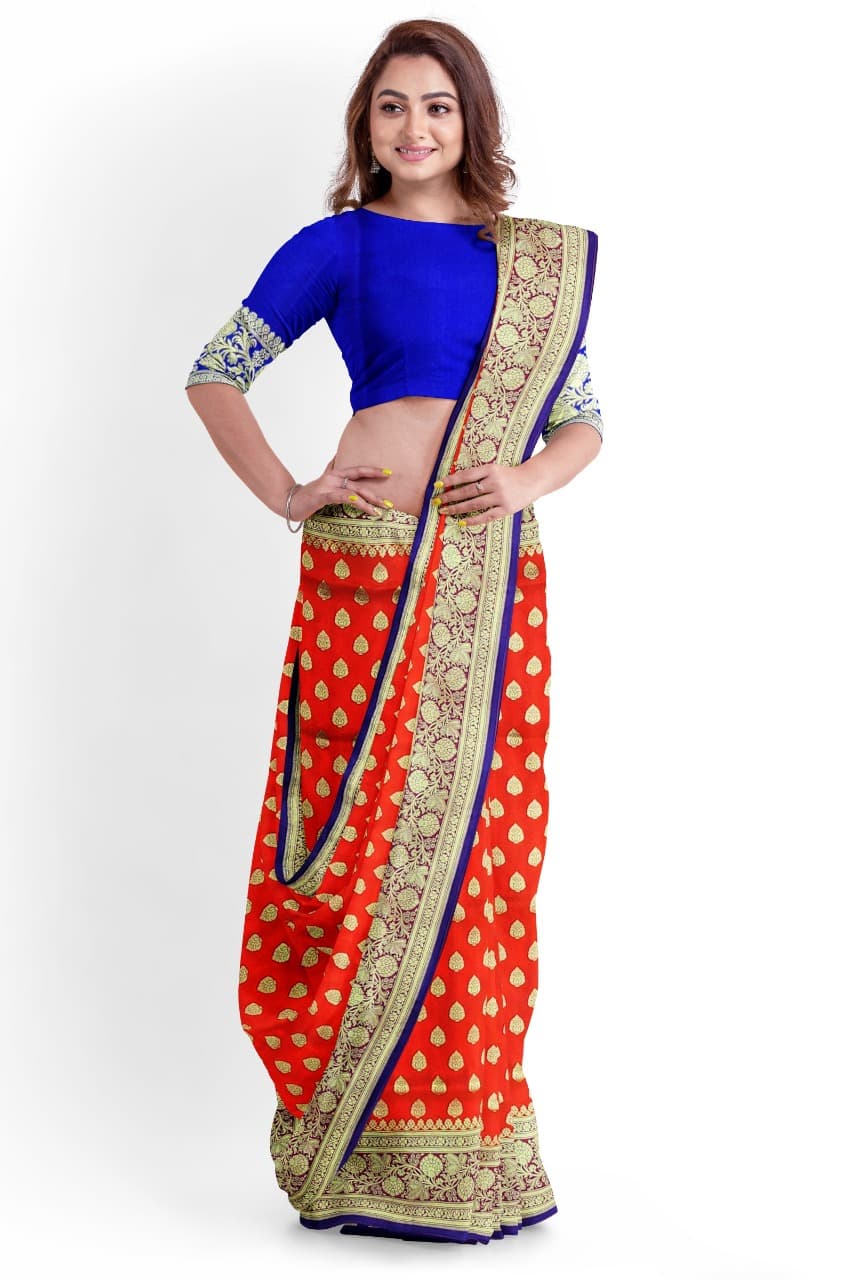 Orange Satin Silk Saree Butta Design From Banarasi Saree