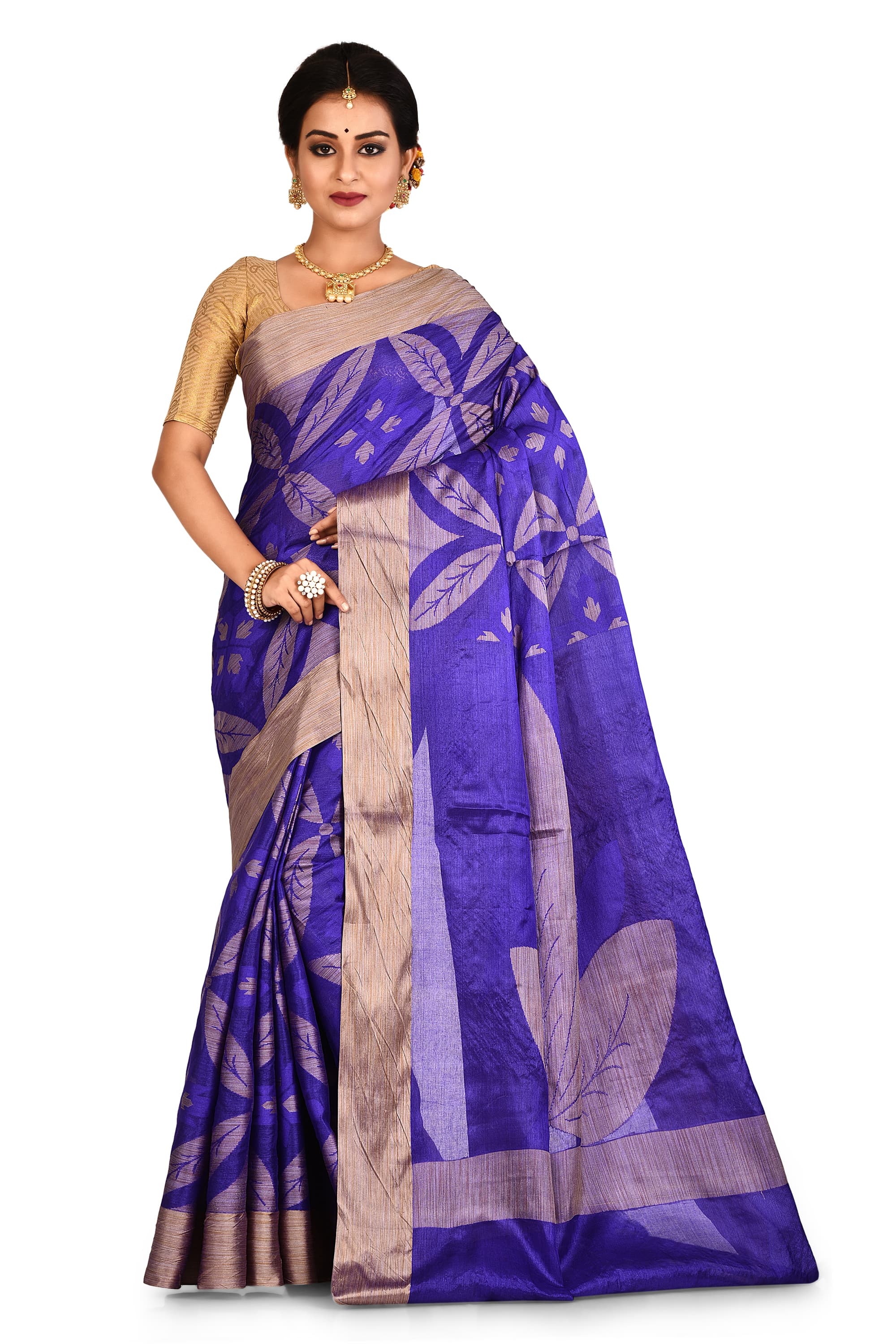 Royal Blue Leaf Design Pure Silk Saree