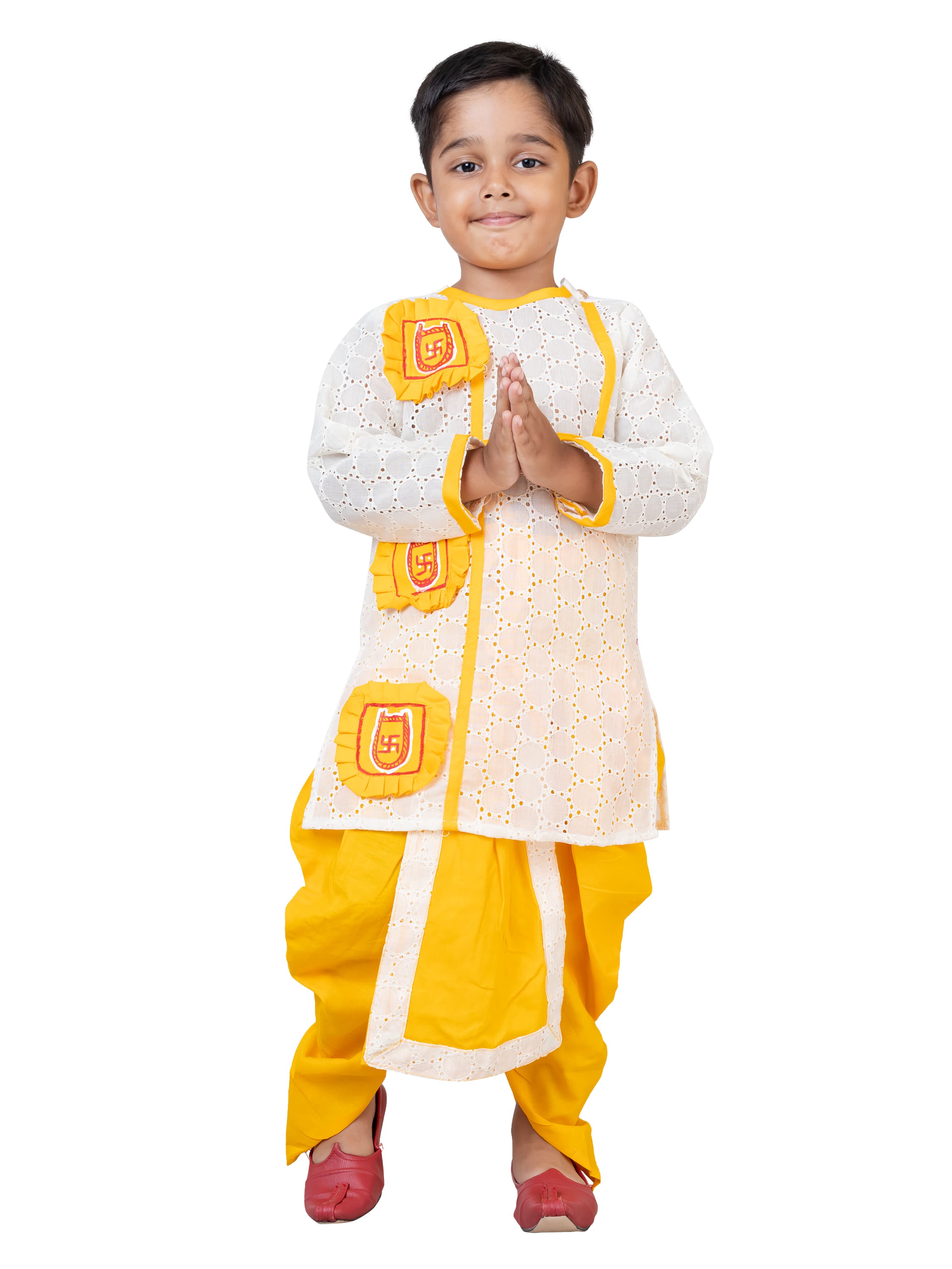 Yellow Pure Handloom Work Hakoba Kids Kurta Dhoti Pant From Bengal
