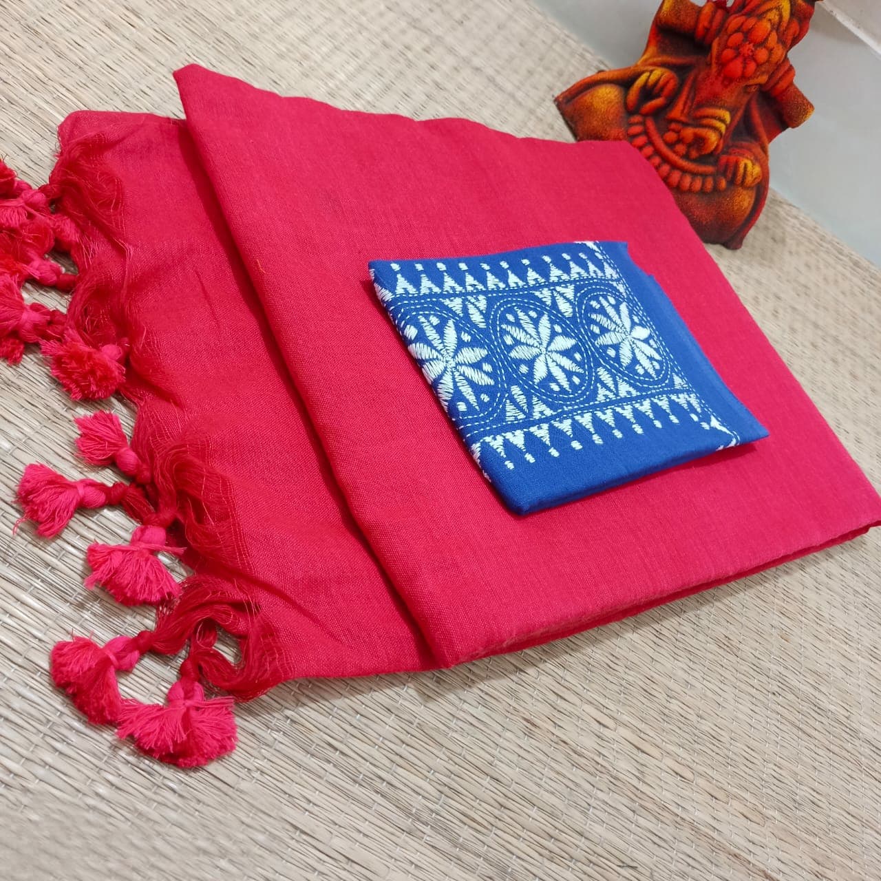 Red Plain Cotton Saree From Bengal