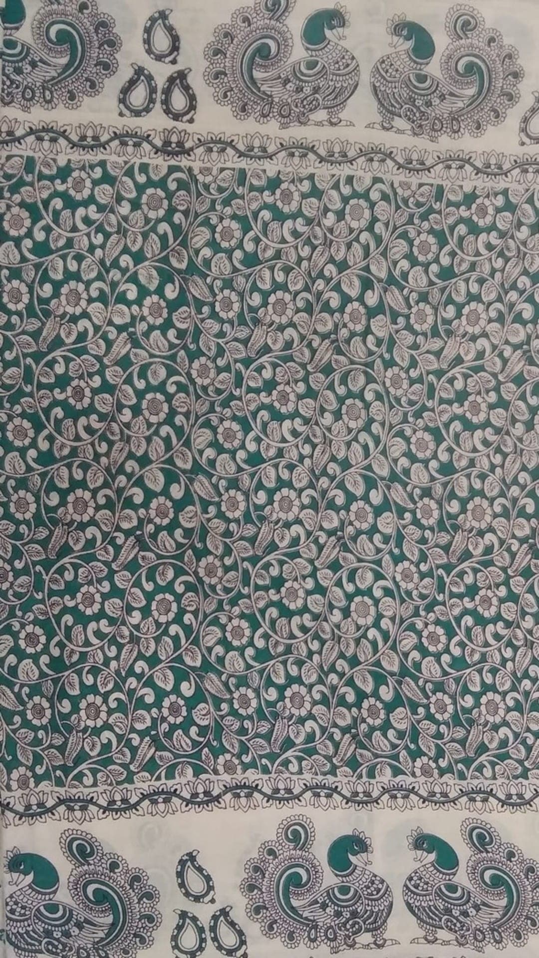 Bottle Green & Offwhite Kalamkari Cotton Saree