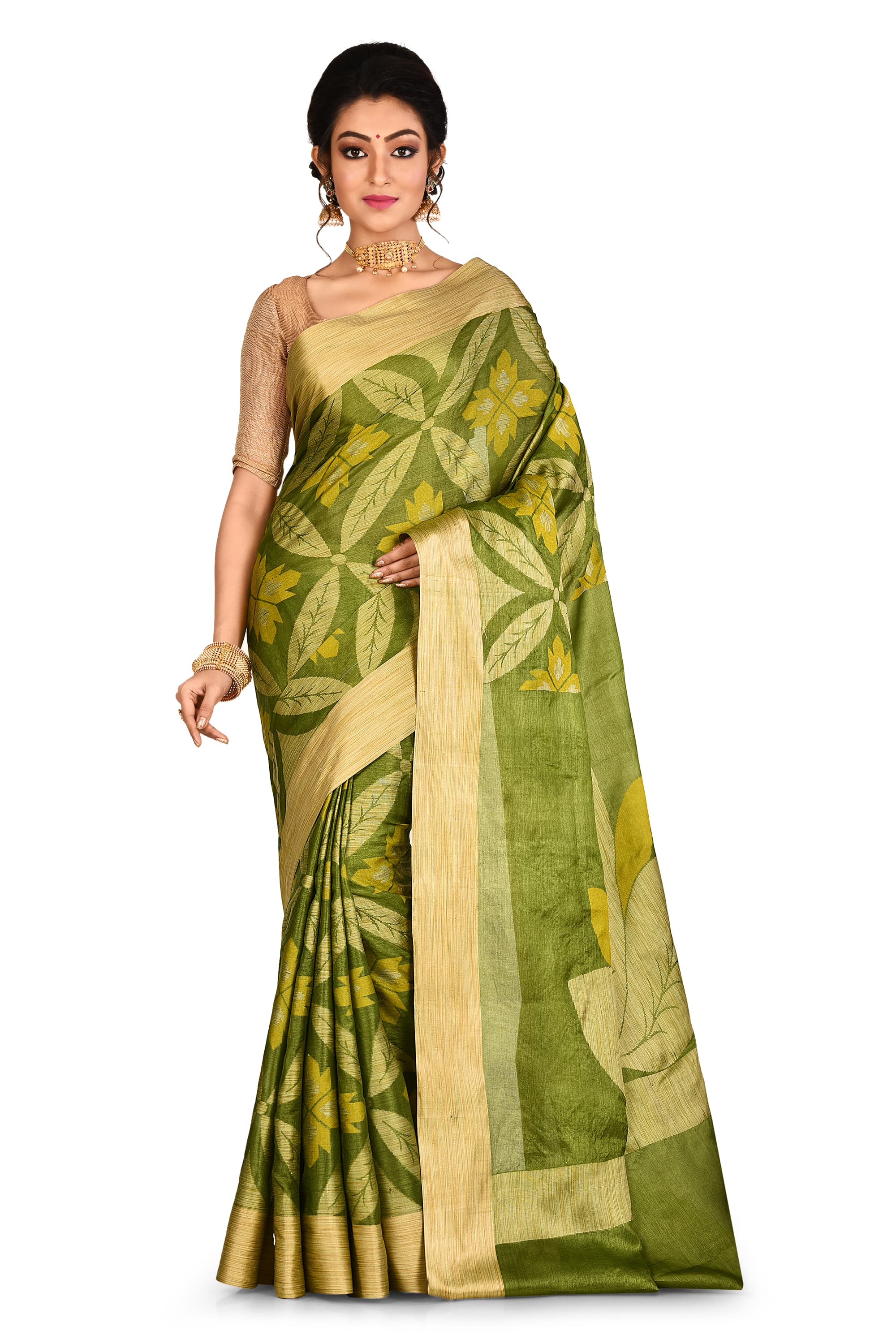 Mehndi Green Leaf Design Pure Silk Saree