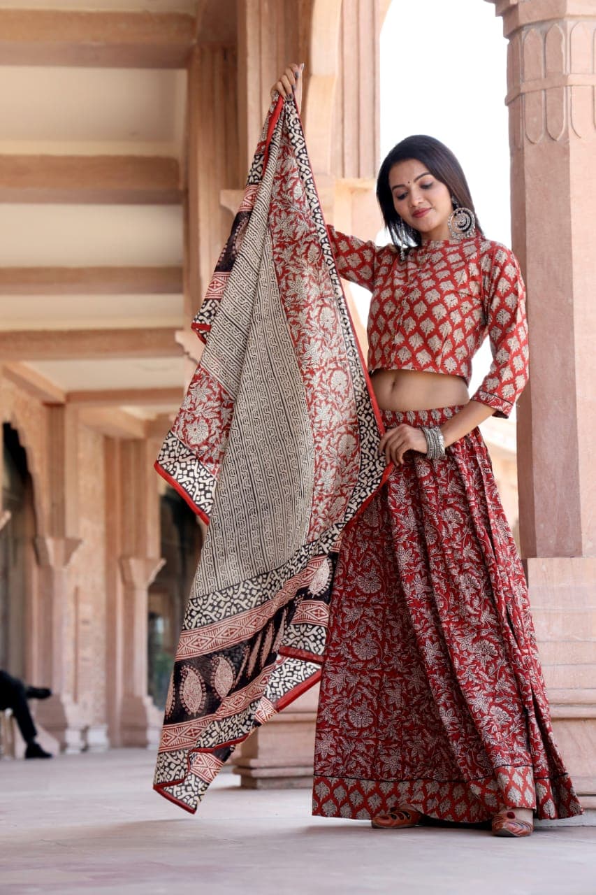 Dark Pastel Red Bagru Printed Designer Top & Skirt With Mulmul Dupatta Lehenga Choli