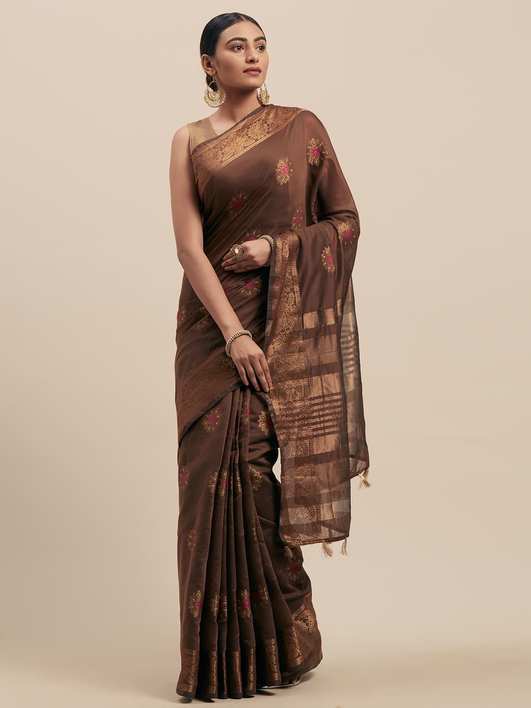 Mahastree Brown Silk Cotton Woven Design Kanjeevaram Saree