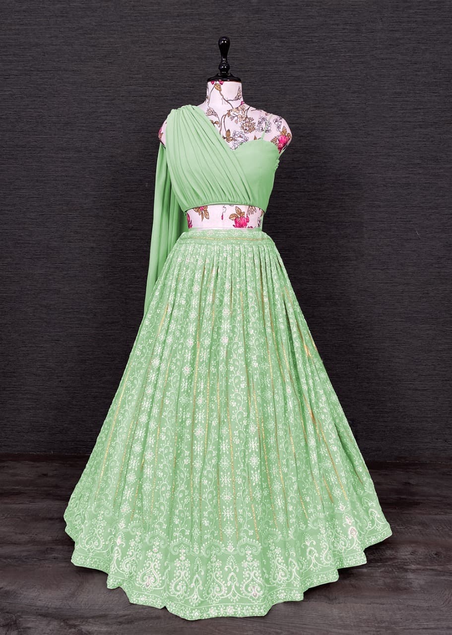 Pista Georgette Two Piece Lehenga Set With Lucknowi Thread Work