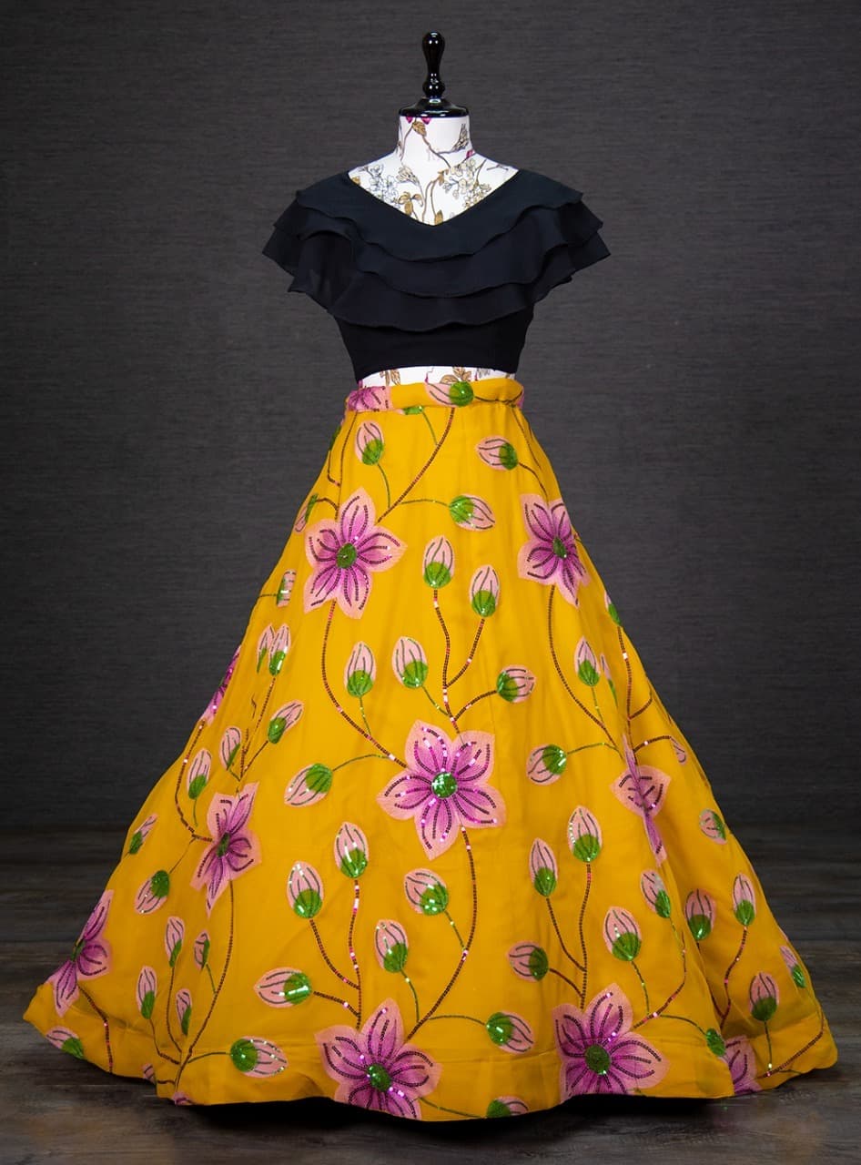 Deep Yellow And Black Lehenga With Sequins And Thread Embroidery Work