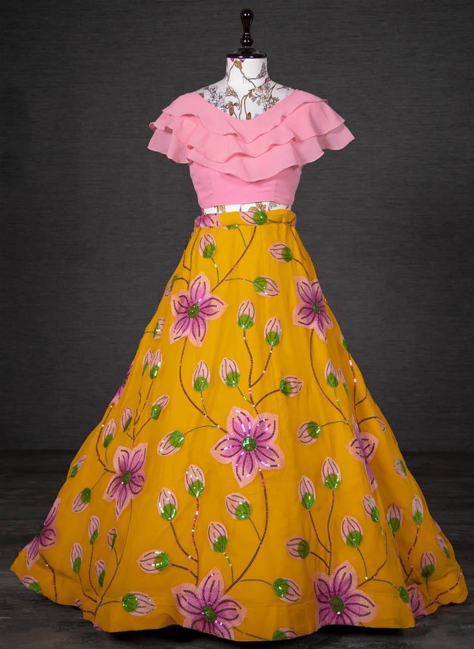 Deep Yellow And Light Pink Lehenga With Sequins And Thread Embroidery Work