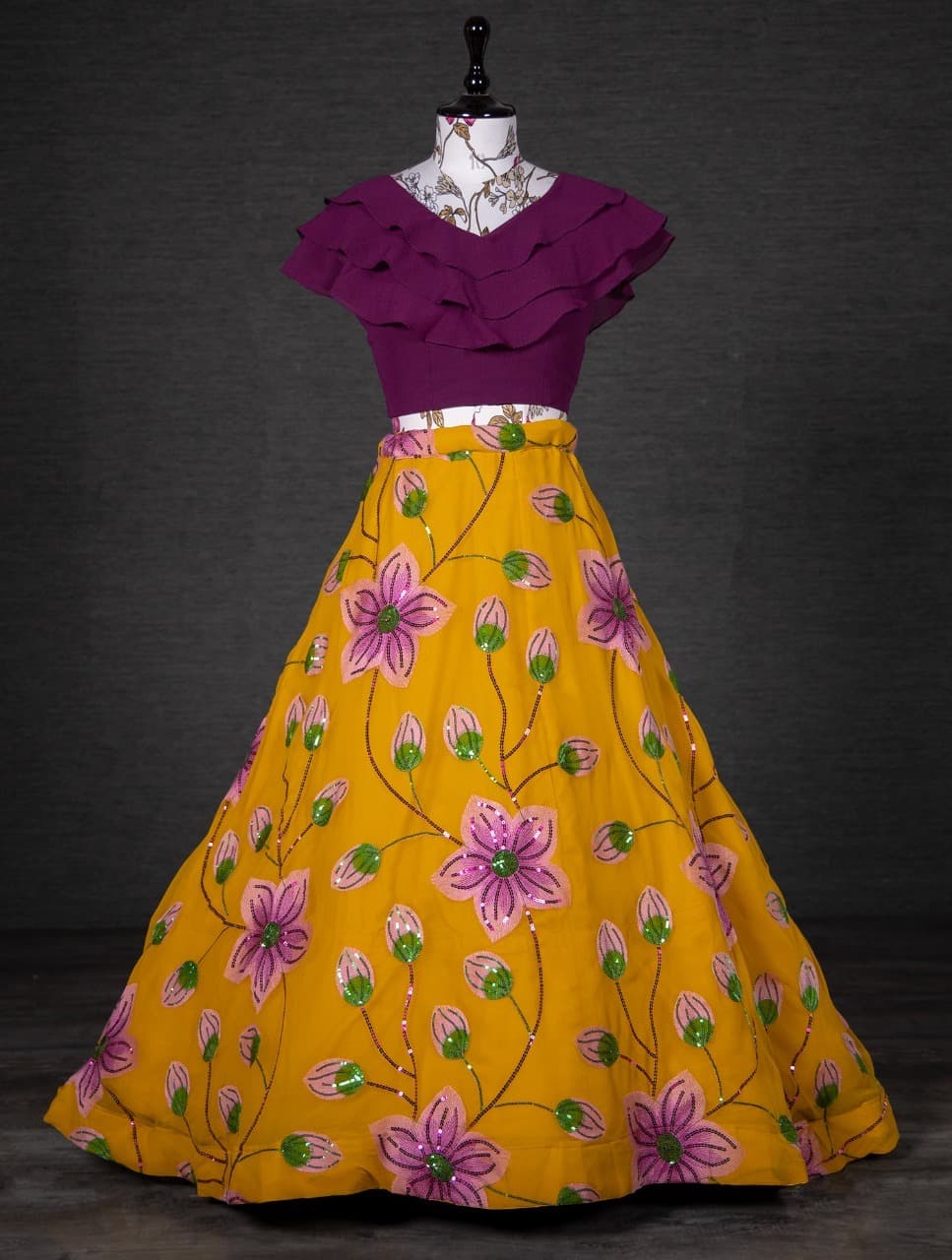 Deep Yellow With Marron Lehenga With Sequins And Thread Embroidery Work