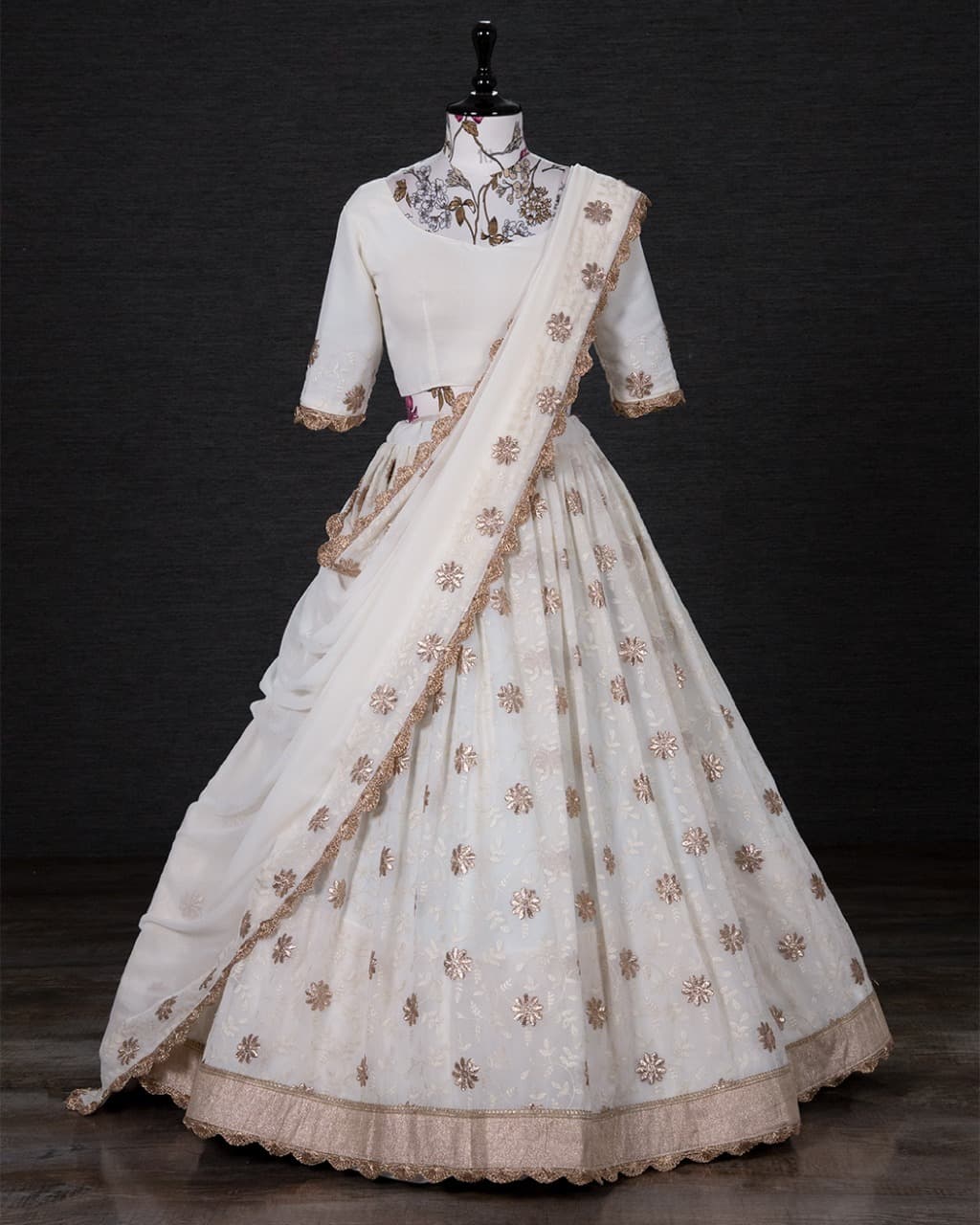 White Georgette Lehenga With Thread Embroidery Work