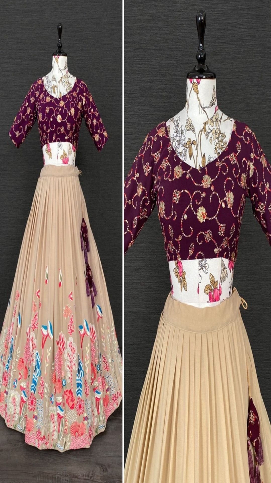 Dark Rani Pink And Light Brown Georgette Lehenga With Thread Sequins Embroidery Work And With Embroidery Work Belt