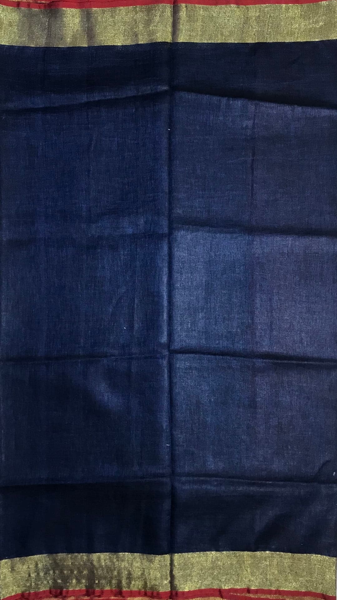Dark Blue & Red Linen Saree With Gold Border