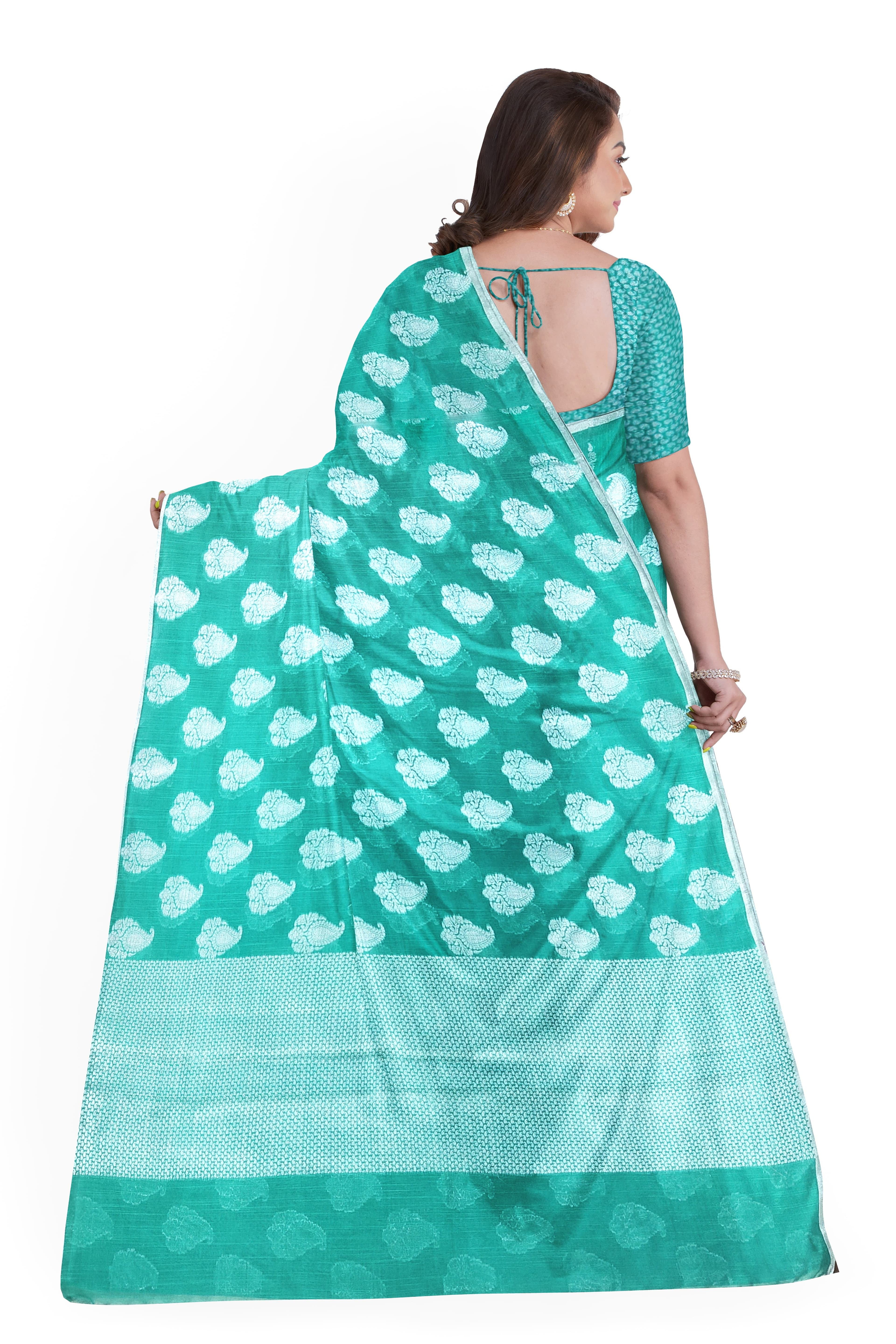 Sea Green Cotton Linen Banarasi Sarees