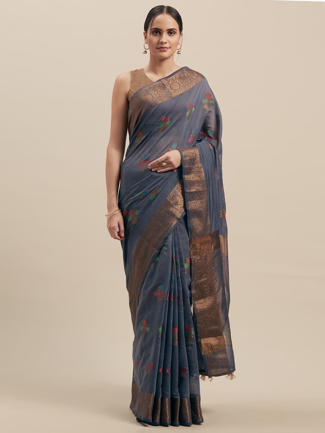 Mahastree Grey & Golden Woven Design Chanderi Silk Cotton Saree