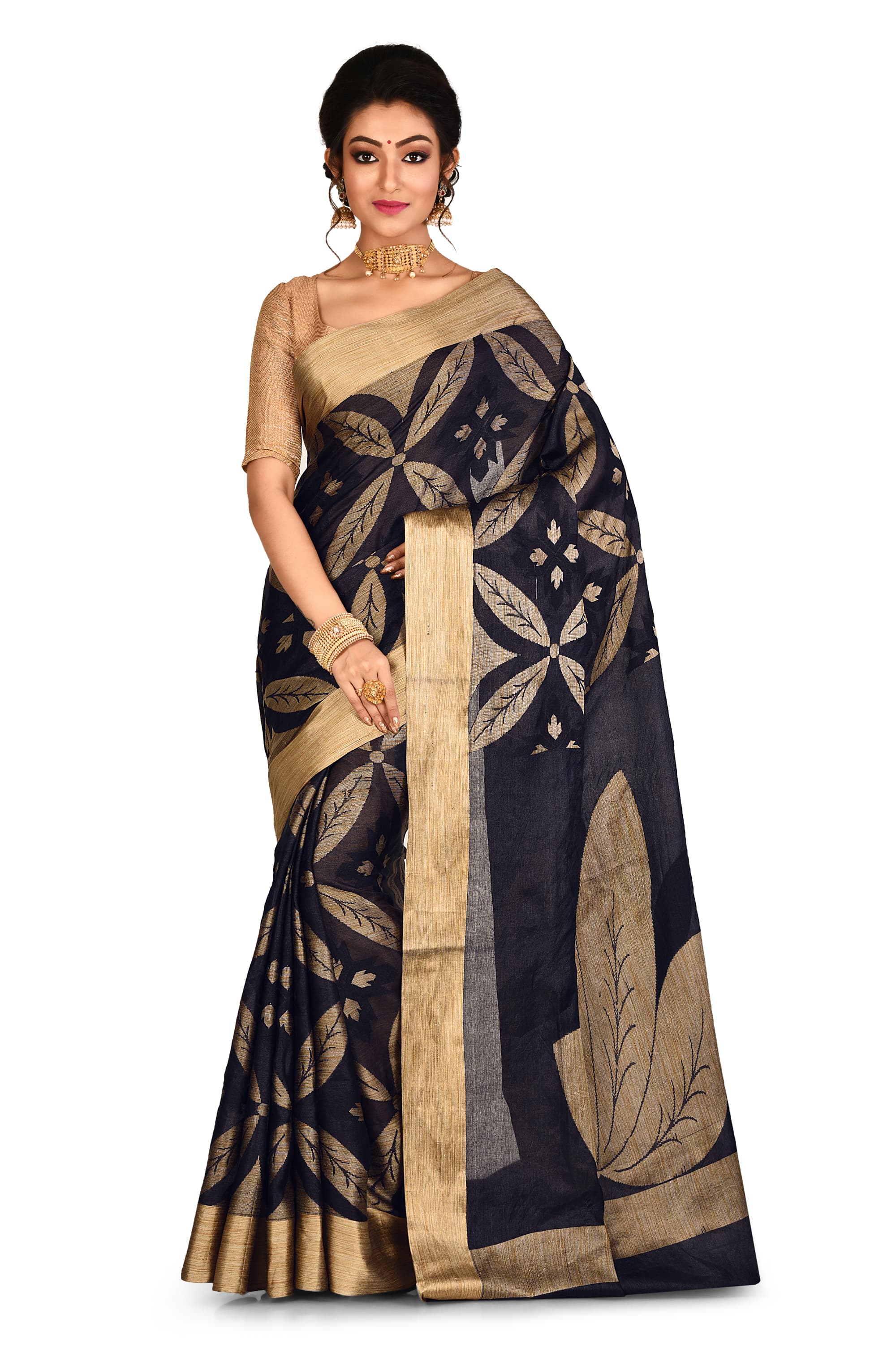Black Leaf Design Pure Silk Saree
