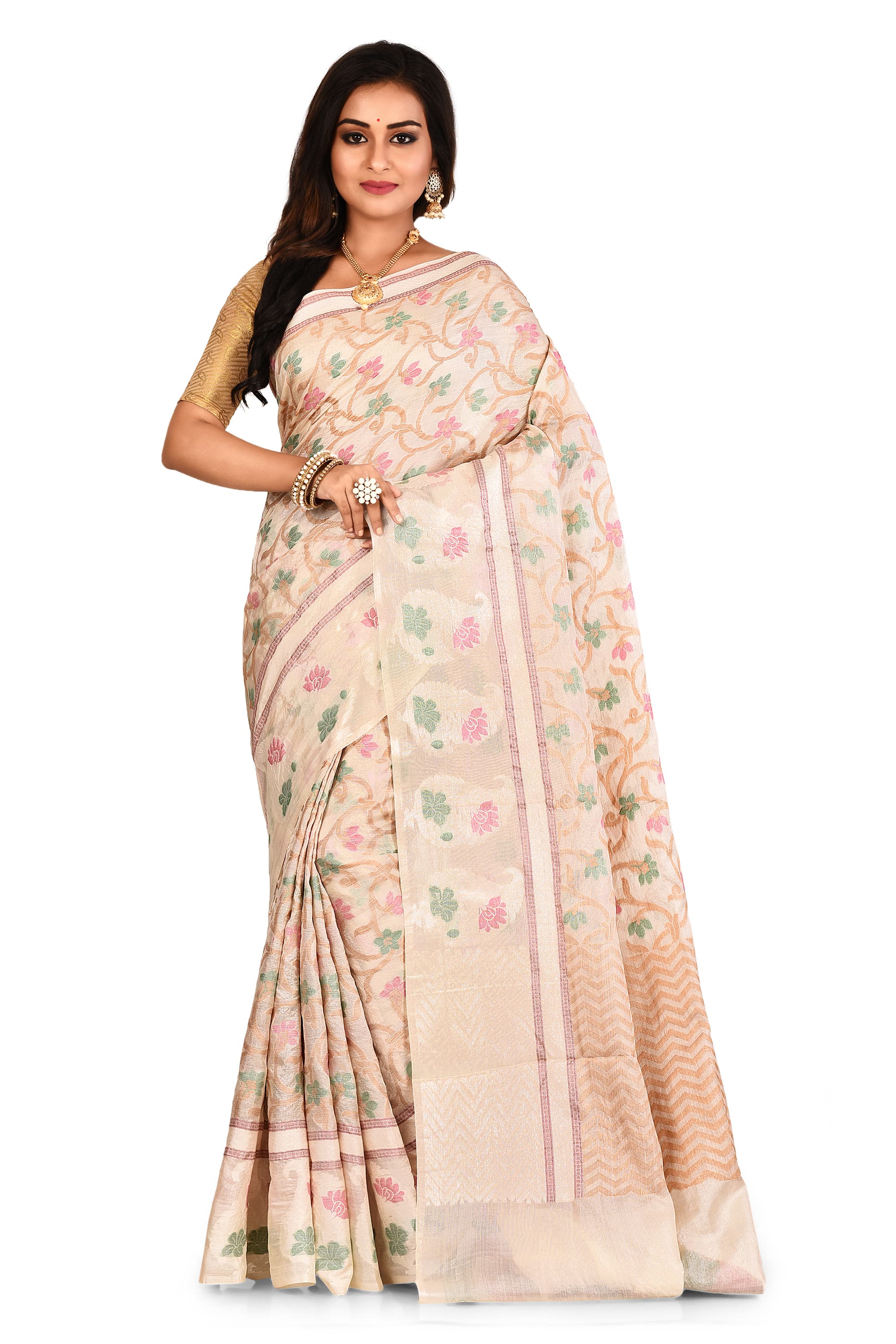Cream Flower Pure Silk Saree