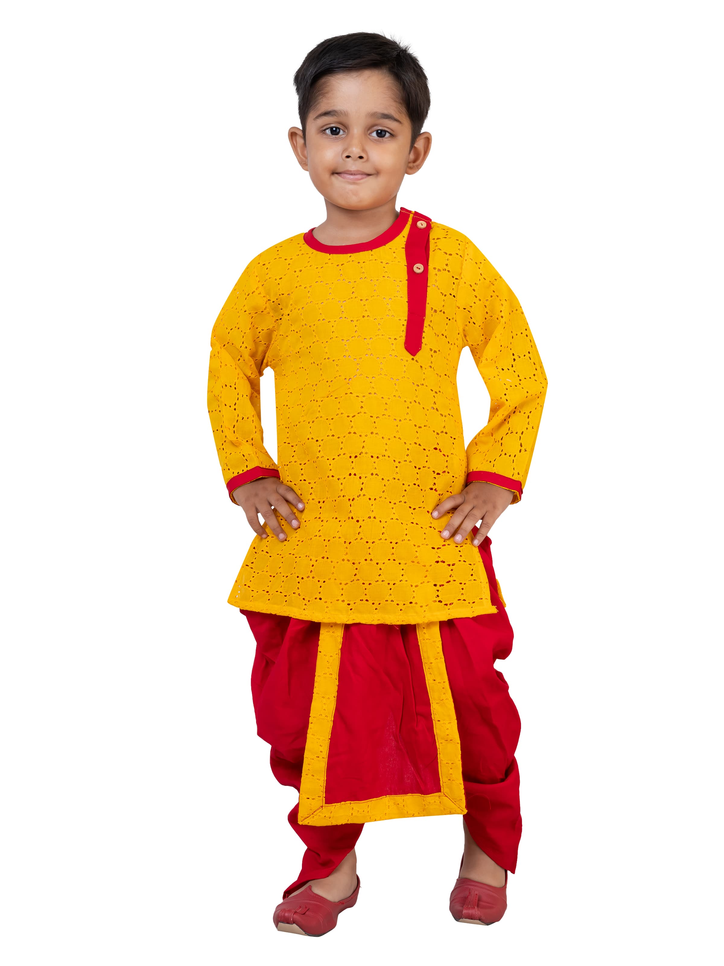 Yellow Pure Handloom Work Hakoba Kids Kurta Dhoti Pant From Bengal