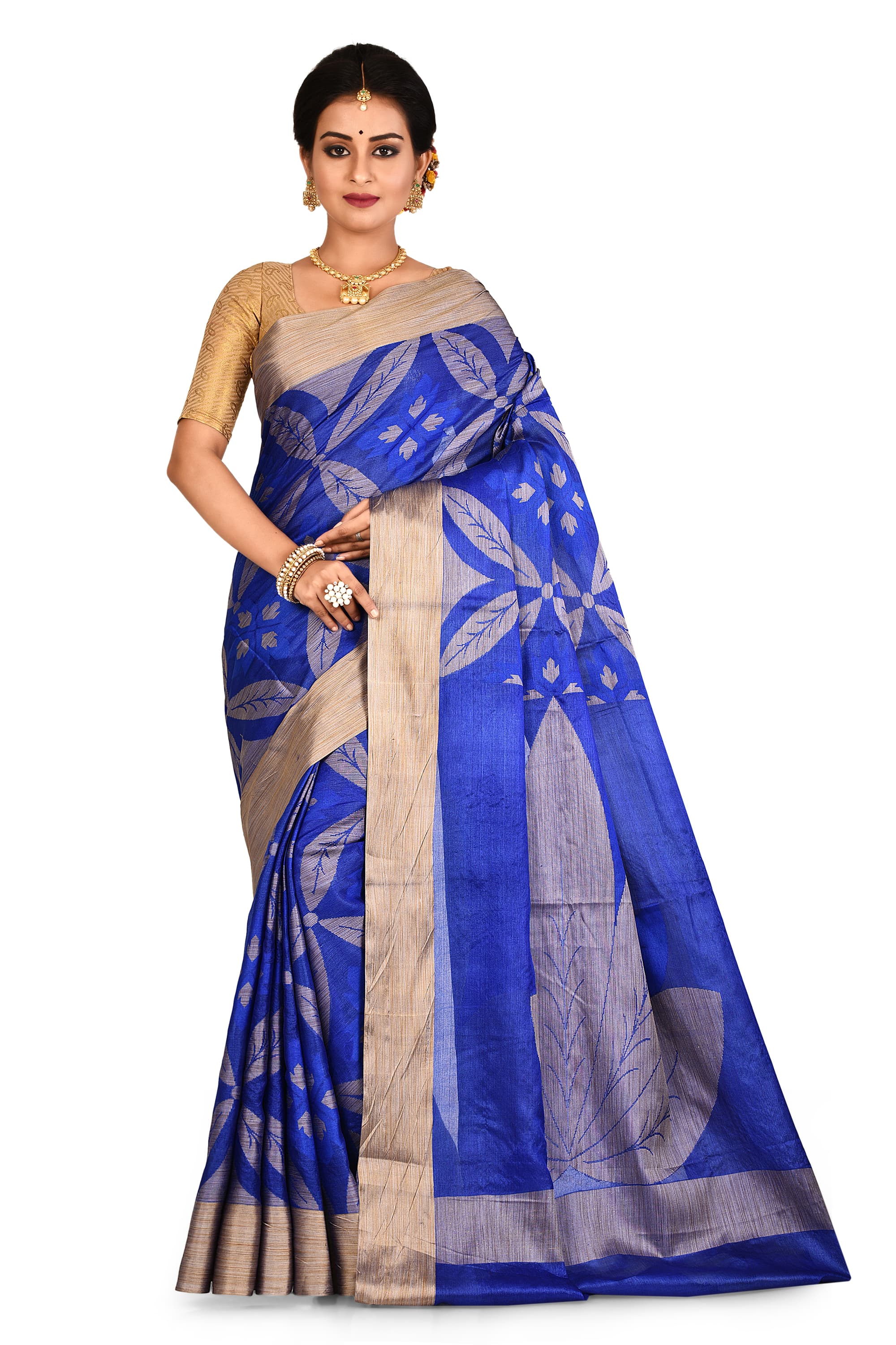 Royal Blue Leaf Design Pure Silk Saree