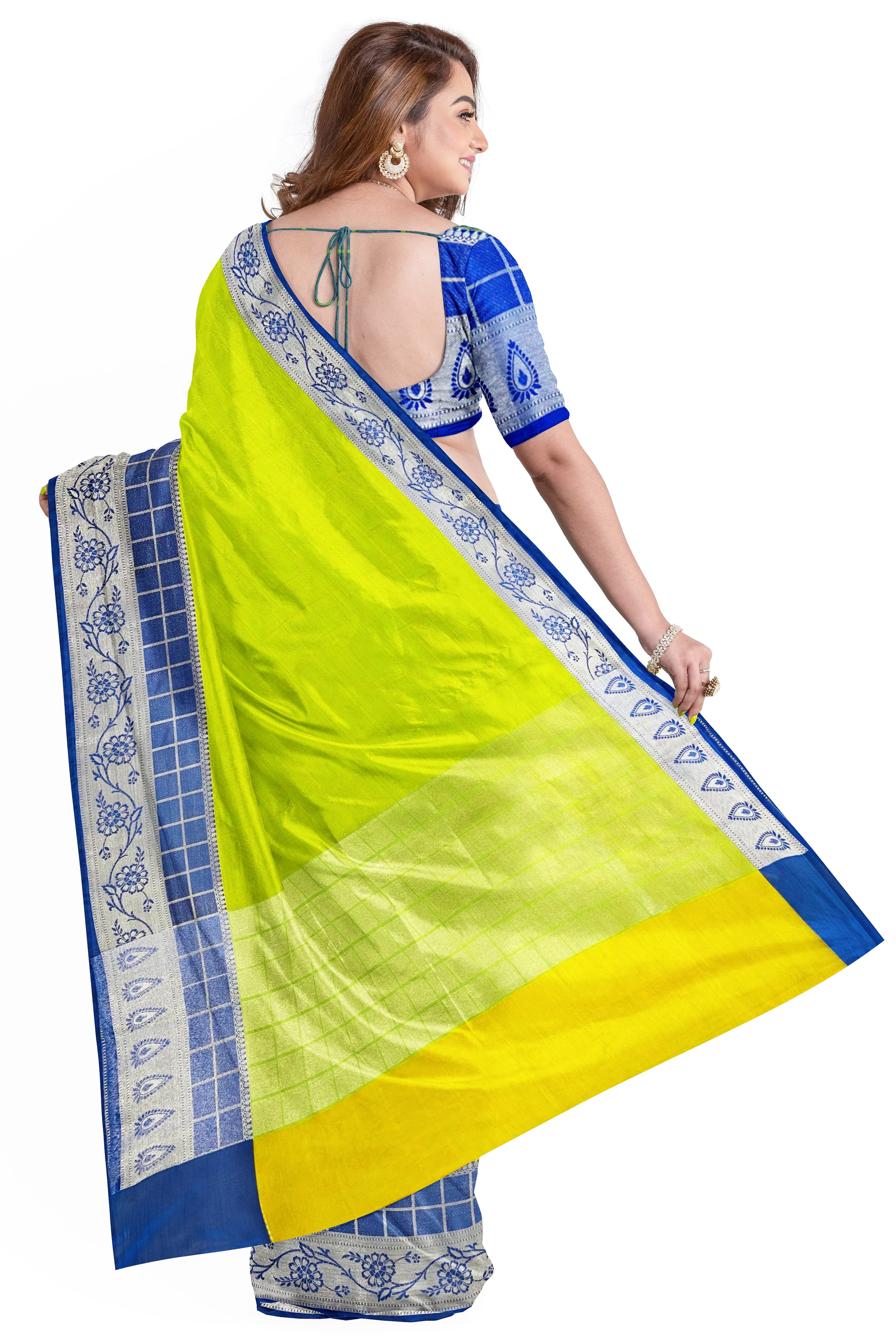 Yellow Blue Kora Silk Banarasi Saree