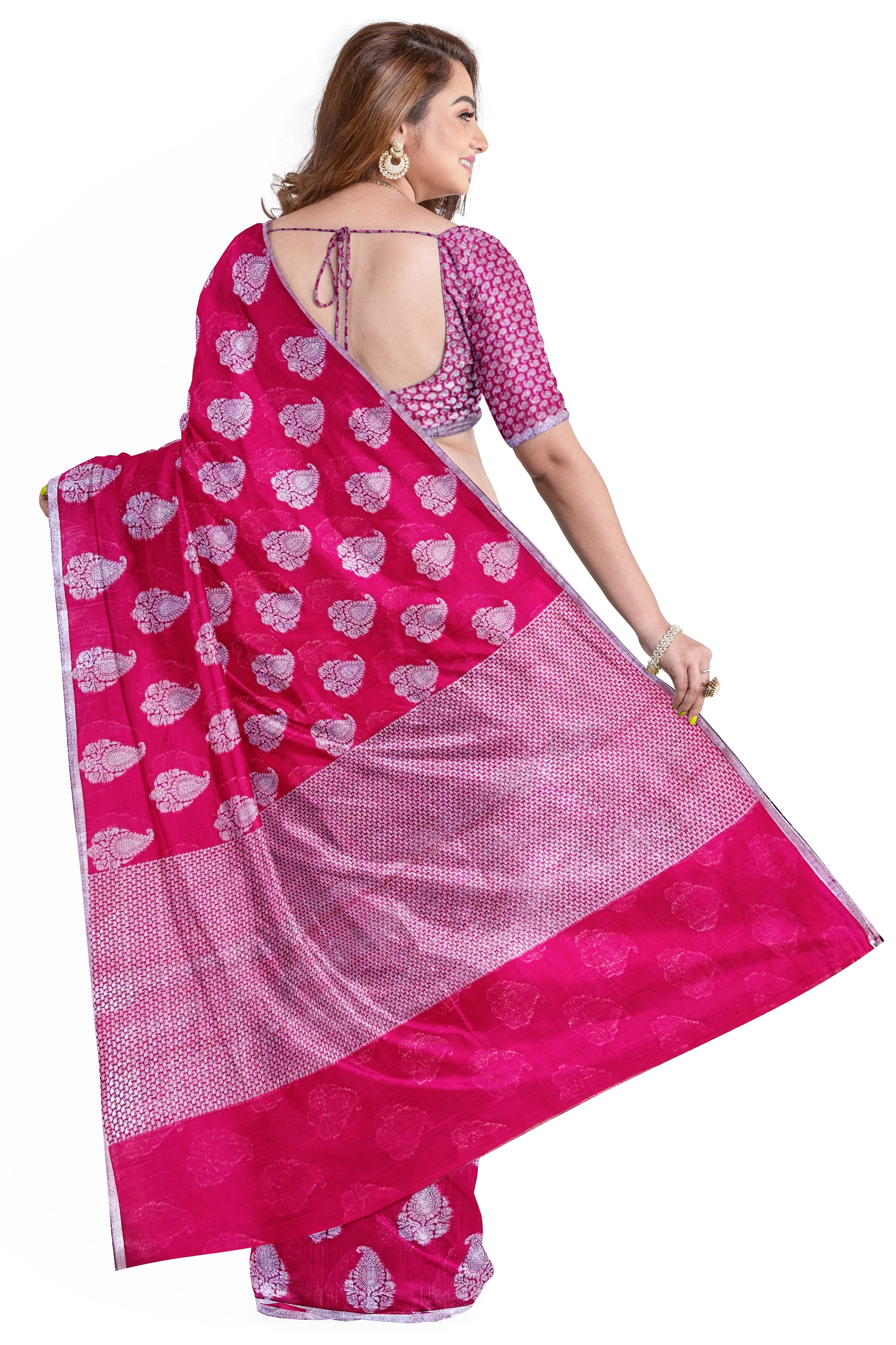 Dark Pink Cotton Linen Banarasi Sarees