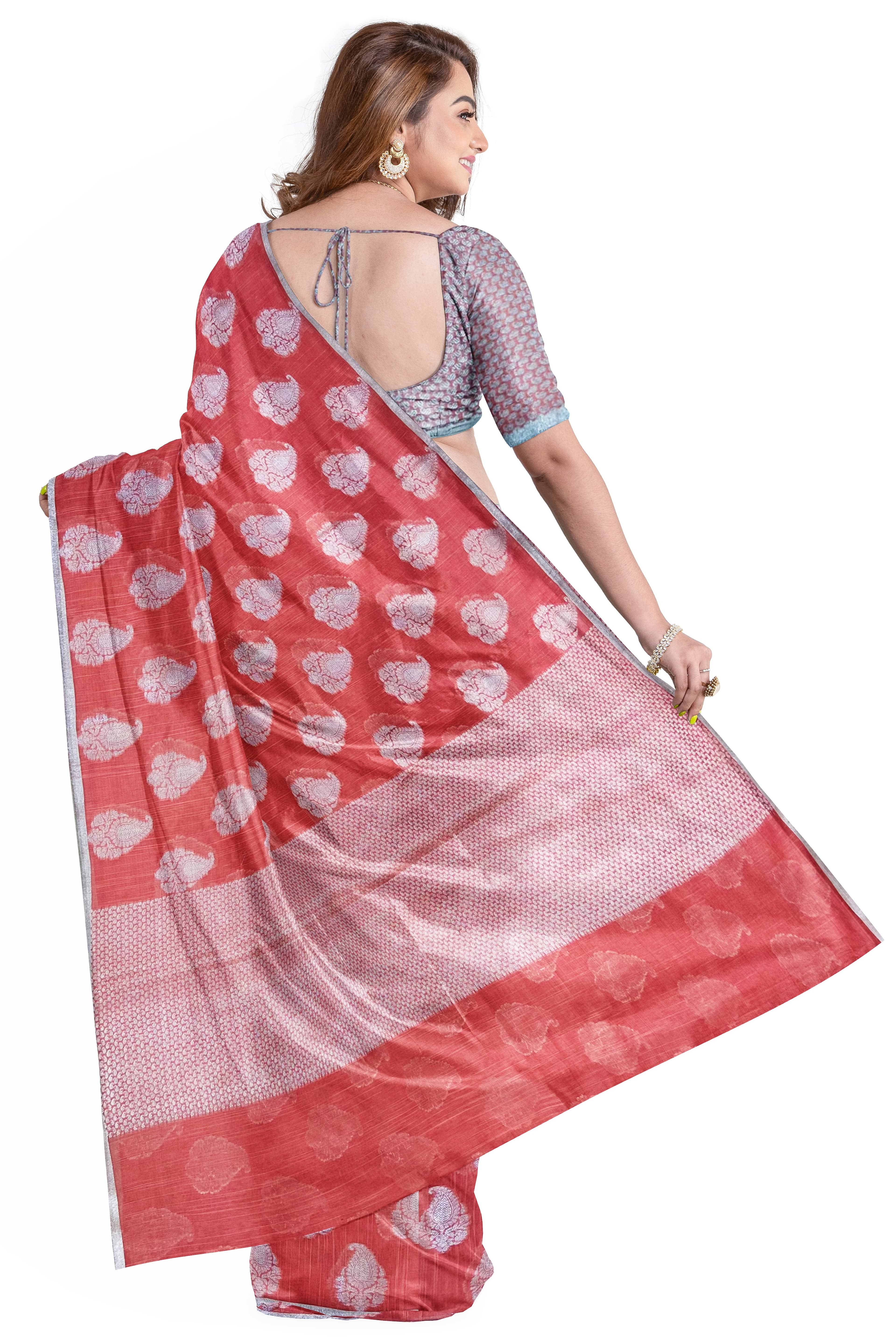 Strawberry Cotton Linen Banarasi Saree