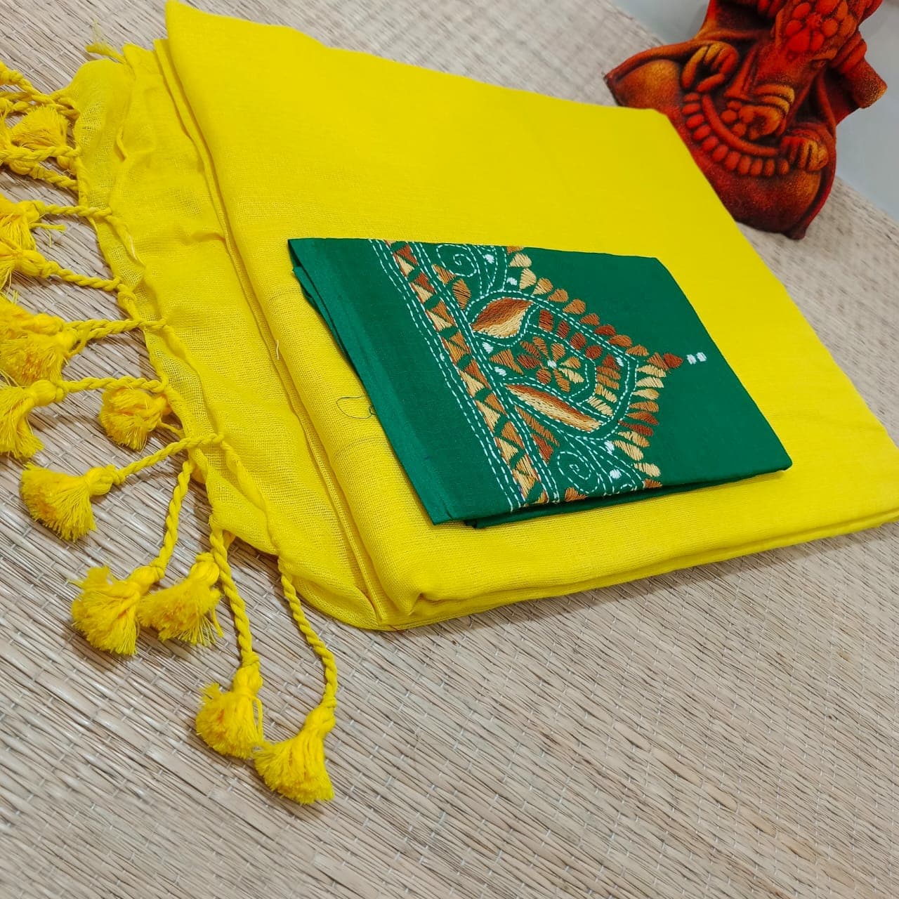 Yellow Plain Cotton Saree From Bengal