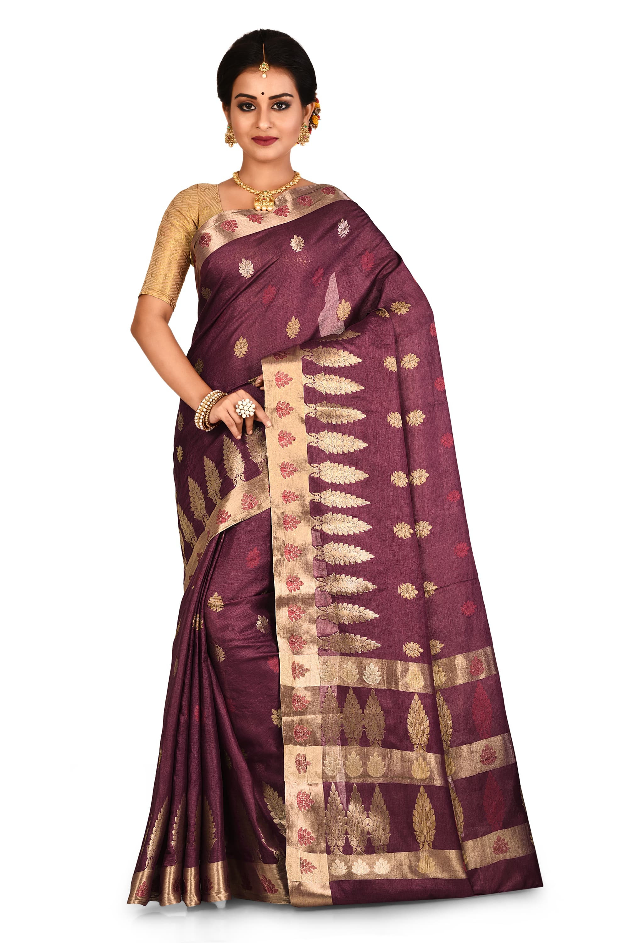 Wine Leaf Design Pure Silk Saree
