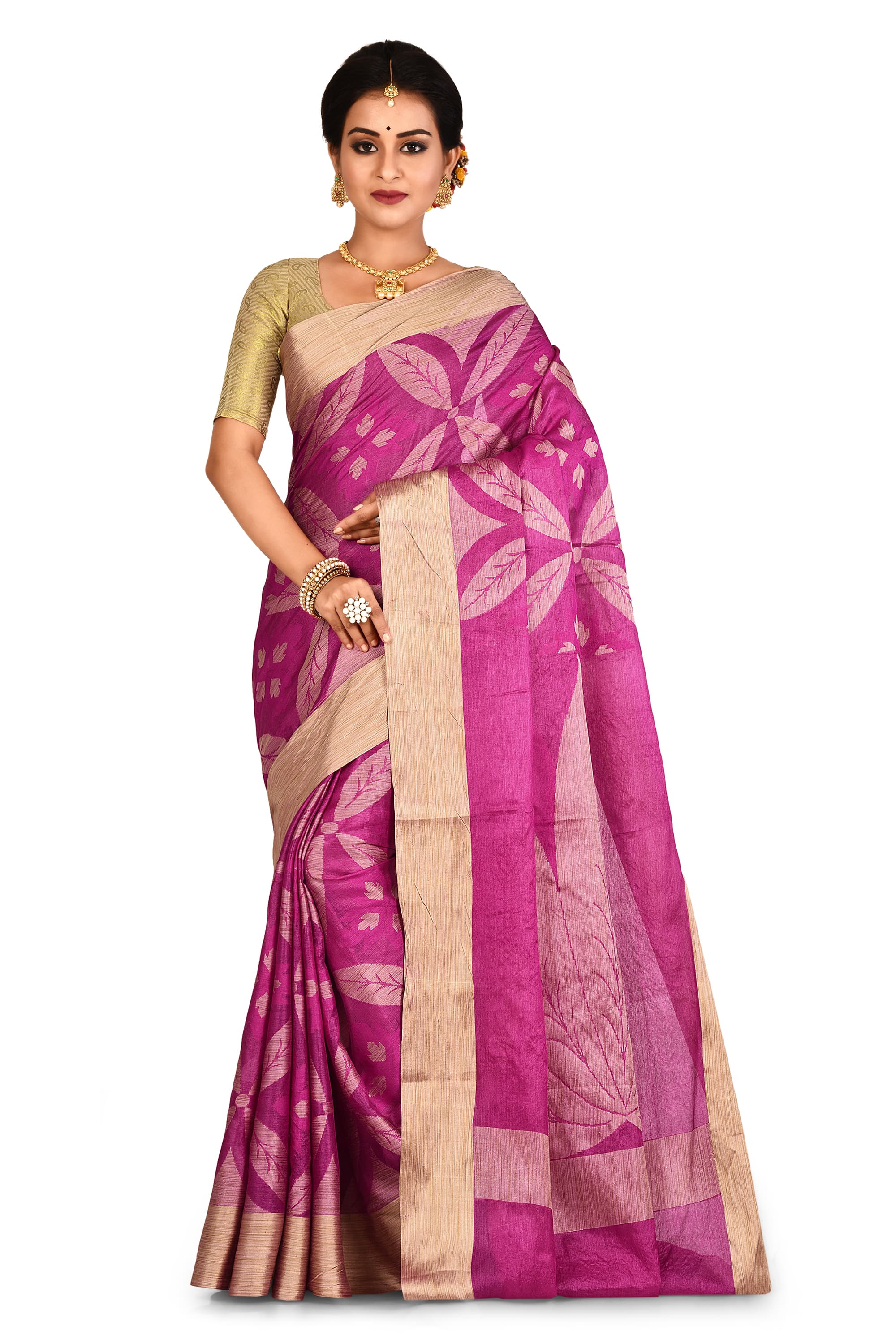 Rani Leaf Design Pure Silk Saree