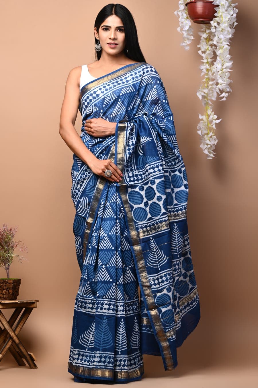 Blue Printed Silk Saree From Rajashthan