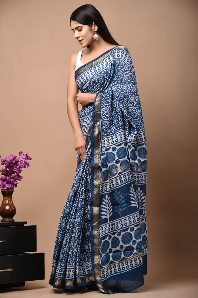 Aqua Blue Leaf Design Soft Silk Saree From Rajashthan