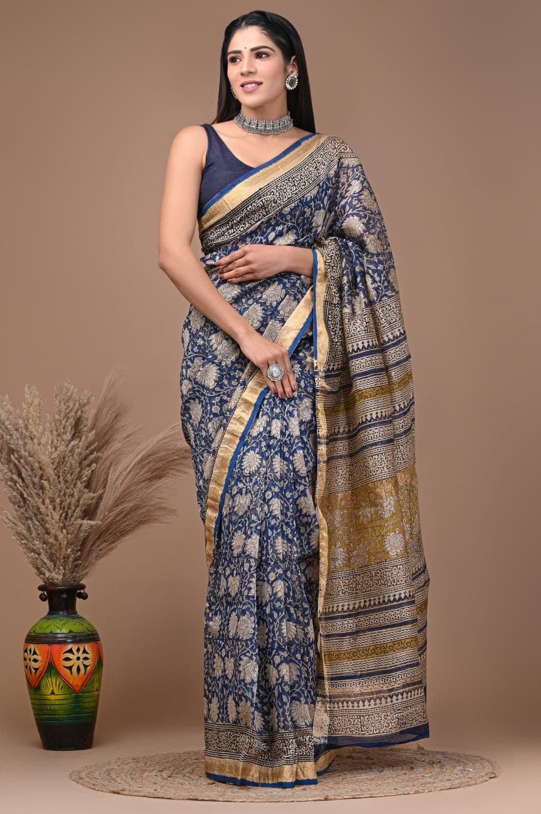 Hand Block Printed Maheshwari Soft Silk Saree From Rajashthan