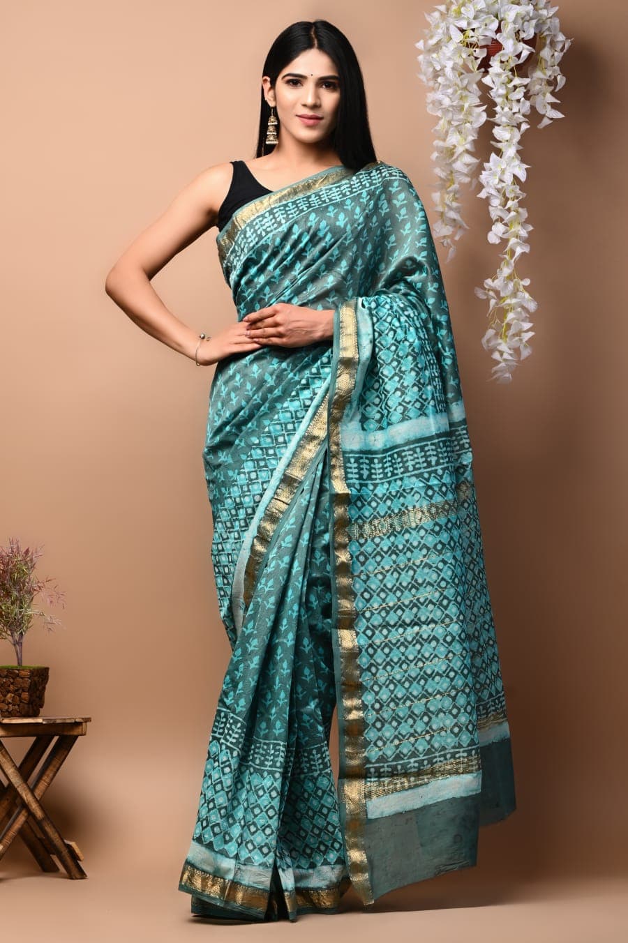 Sea Blue Hand Block Printed Maheshwari Soft Silk Saree From Rajashthan