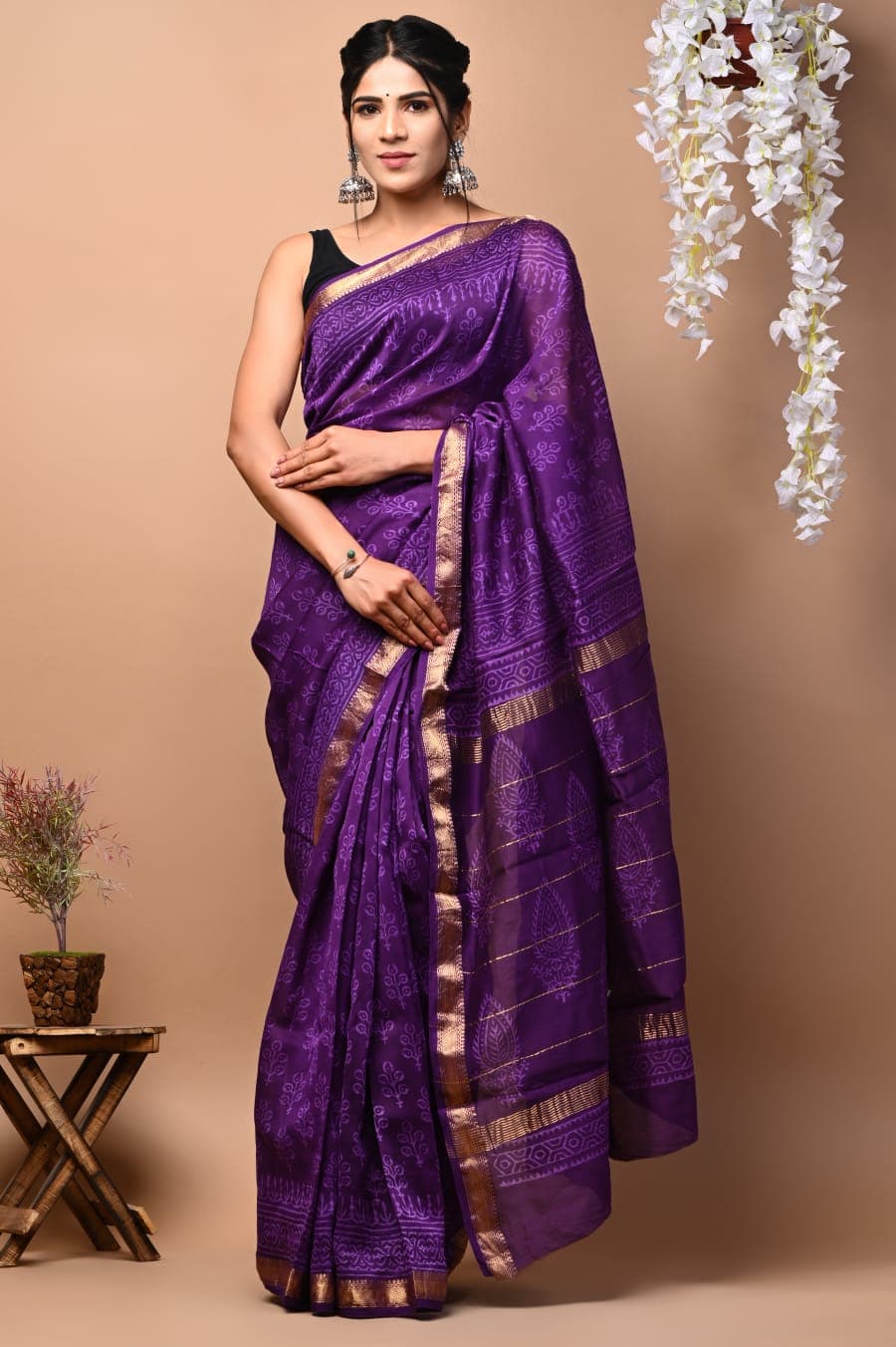 Dark Purple Hand Block Printed Maheshwari Soft Silk Saree From Rajashthan