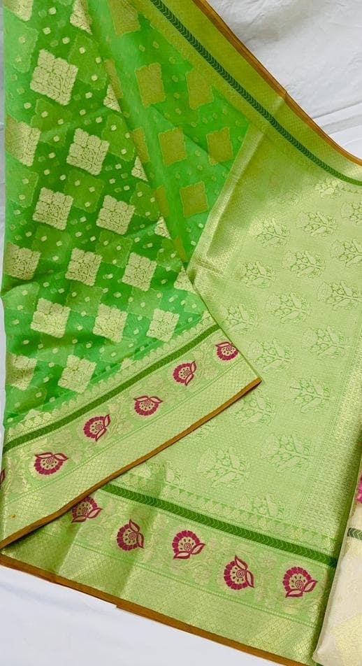 Parrot Green Paithani Design Cotton Saree