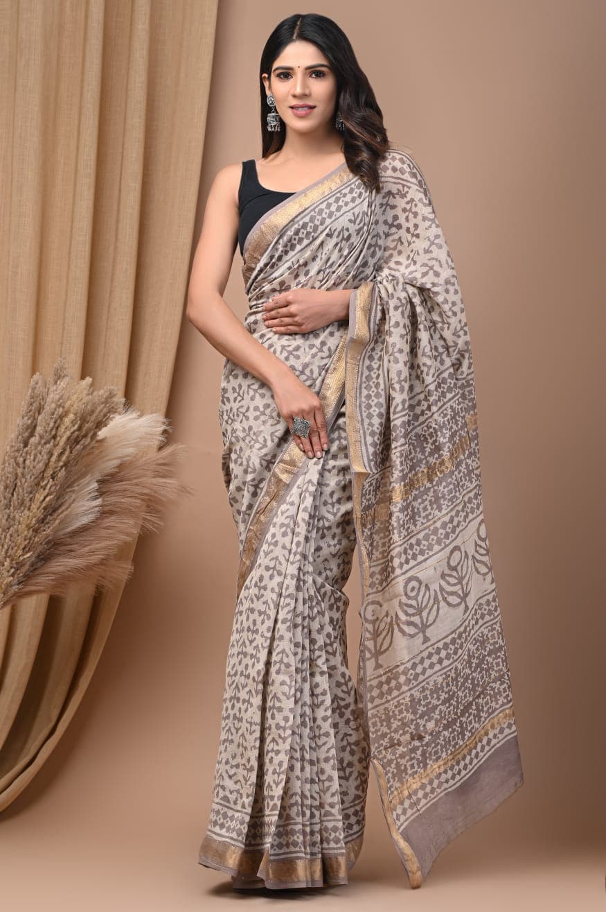 Cream Hand Block Printed Maheshwari Soft Silk Saree From Rajashthani