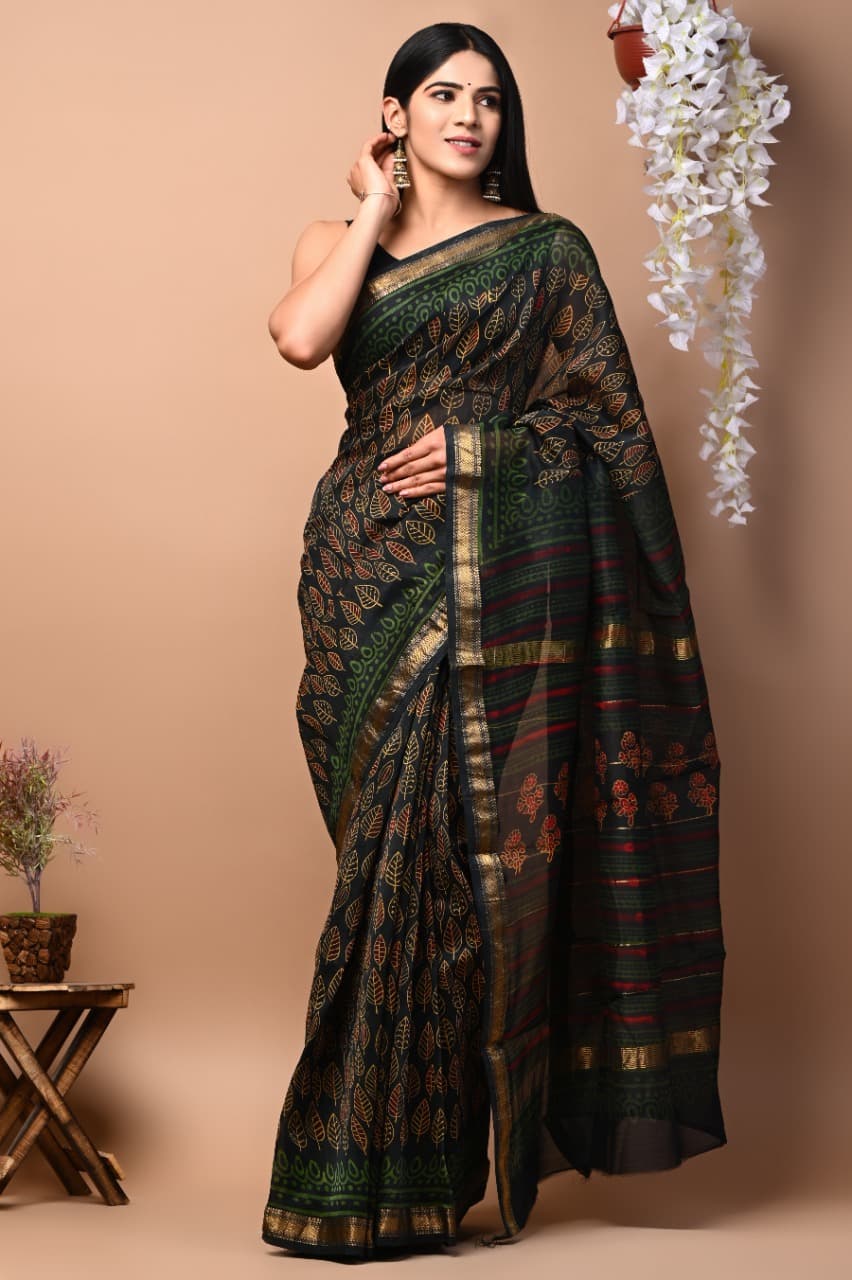 Bronzetone Hand Block Printed Maheshwari Soft Silk Saree From Rajashthan