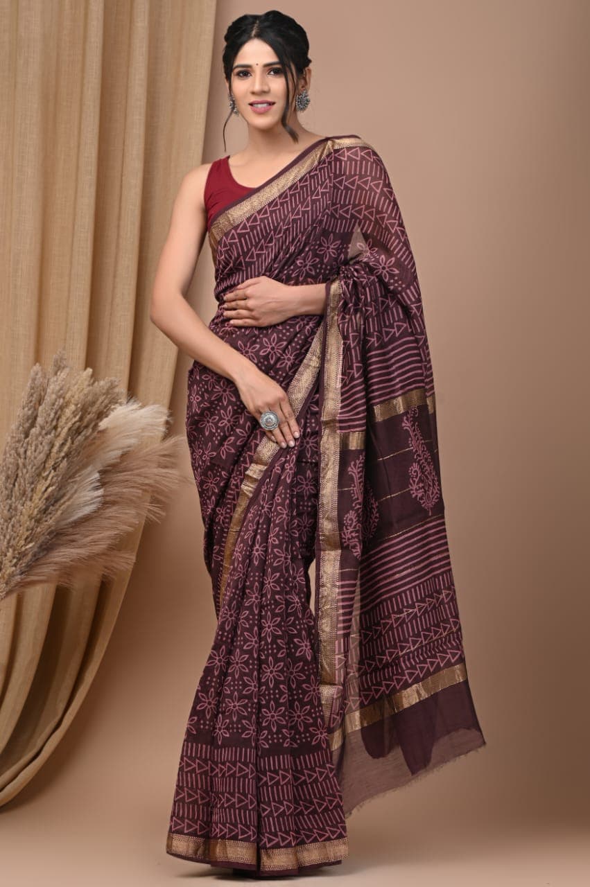 Rose Ebony Hand Block Printed Maheshwari Soft Silk Saree From Rajashthan