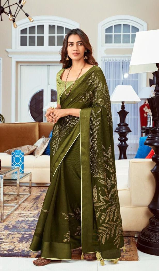 Olive Green Pure Chiffon With Siroki Work And Foil Print Saree From Banaras