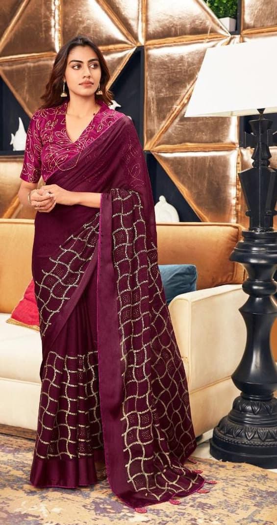 Maroon Pure Chiffon With Siroki Work And Foil Print Saree From Banaras
