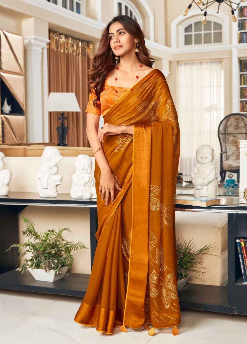 Rust Orange Pure Chiffon With Siroki Work And Foil Print Saree From Banaras