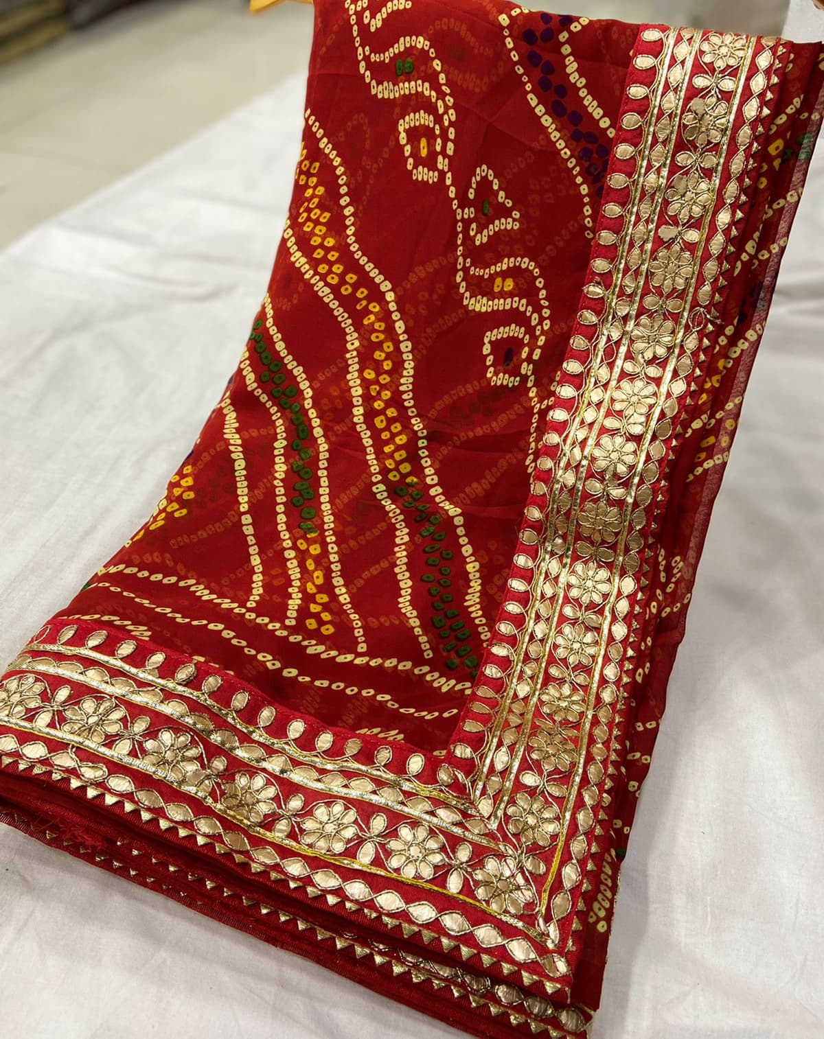 Red Georgette Bandhani Gota Patti Saree