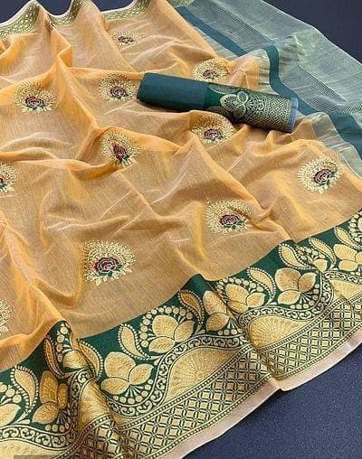 Light Yellow Cotton Silk Zari Work Saree From Banaras