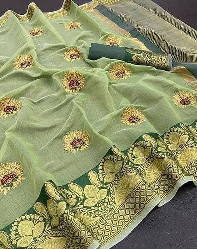 Olive Green Cotton Silk Zari Work Saree From Banaras