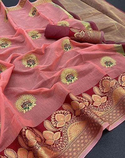 Light Coral Cotton Silk Zari Work Saree From Banaras