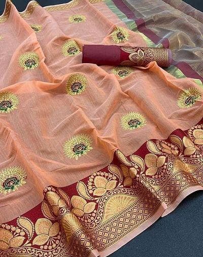 Coral Peach Cotton Silk Zari Work Saree From Banaras