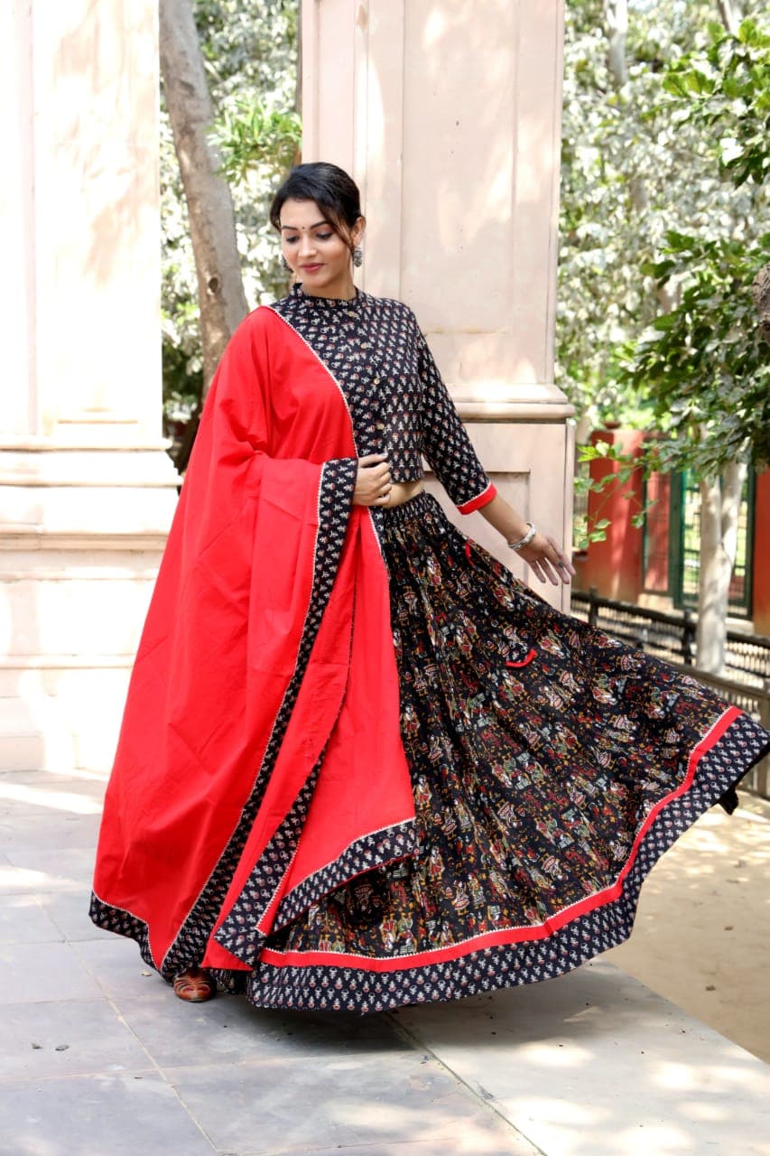 Sepia Black Bagru Printed Designer Top & Skirt With Mulmul Dupatta Lehenga Choli